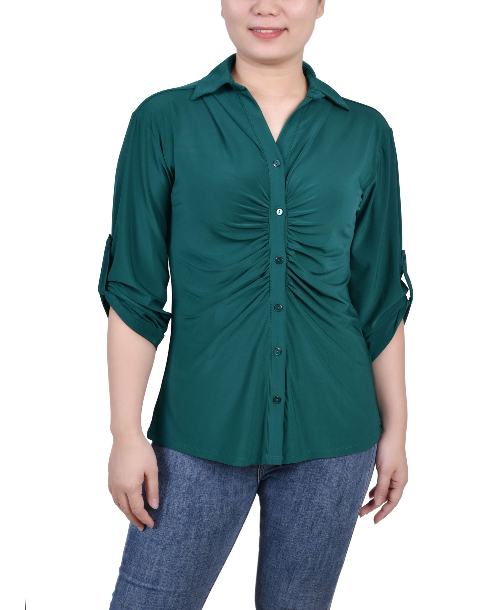 NY Collection Petite 3/4 Roll Tab Rouched Front Top