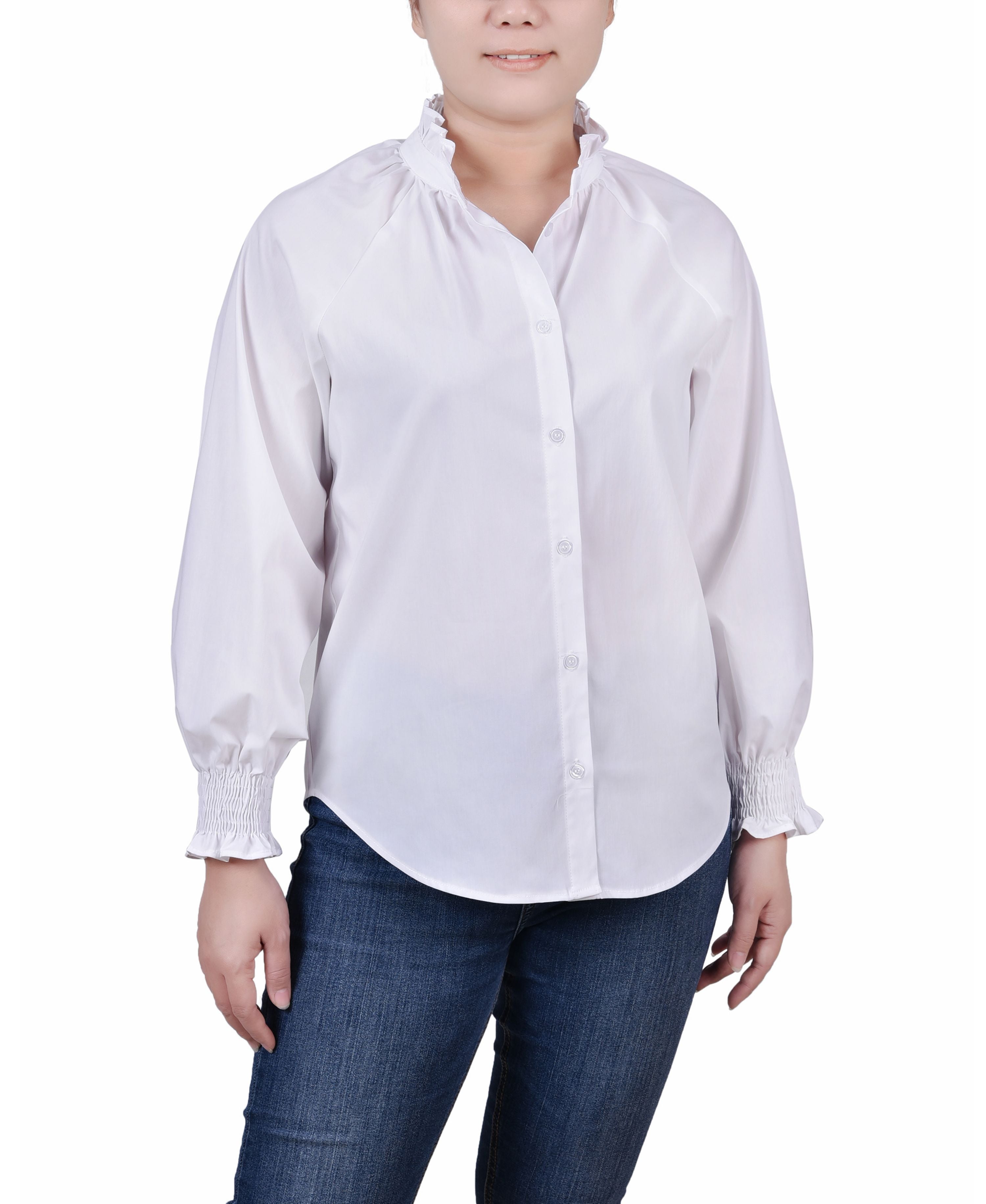 Petite Cinch Sleeve Button Front Blouse