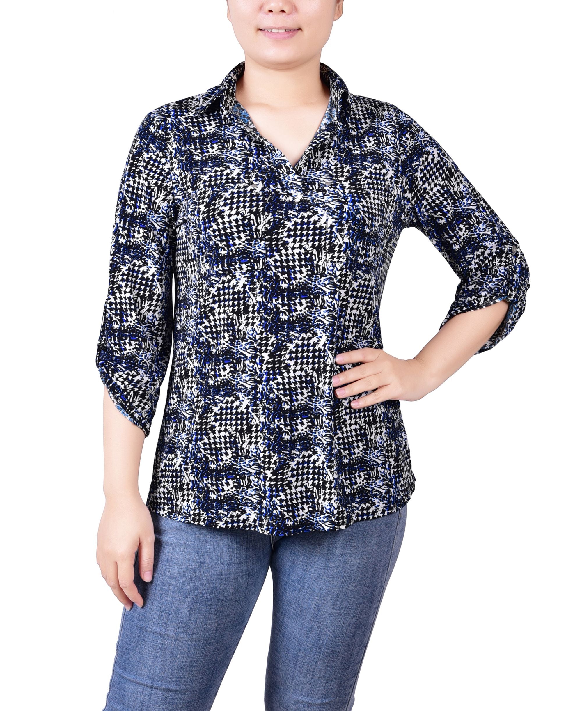 Women's 3/4 Ruched Sleeve Studded Y-neck Top