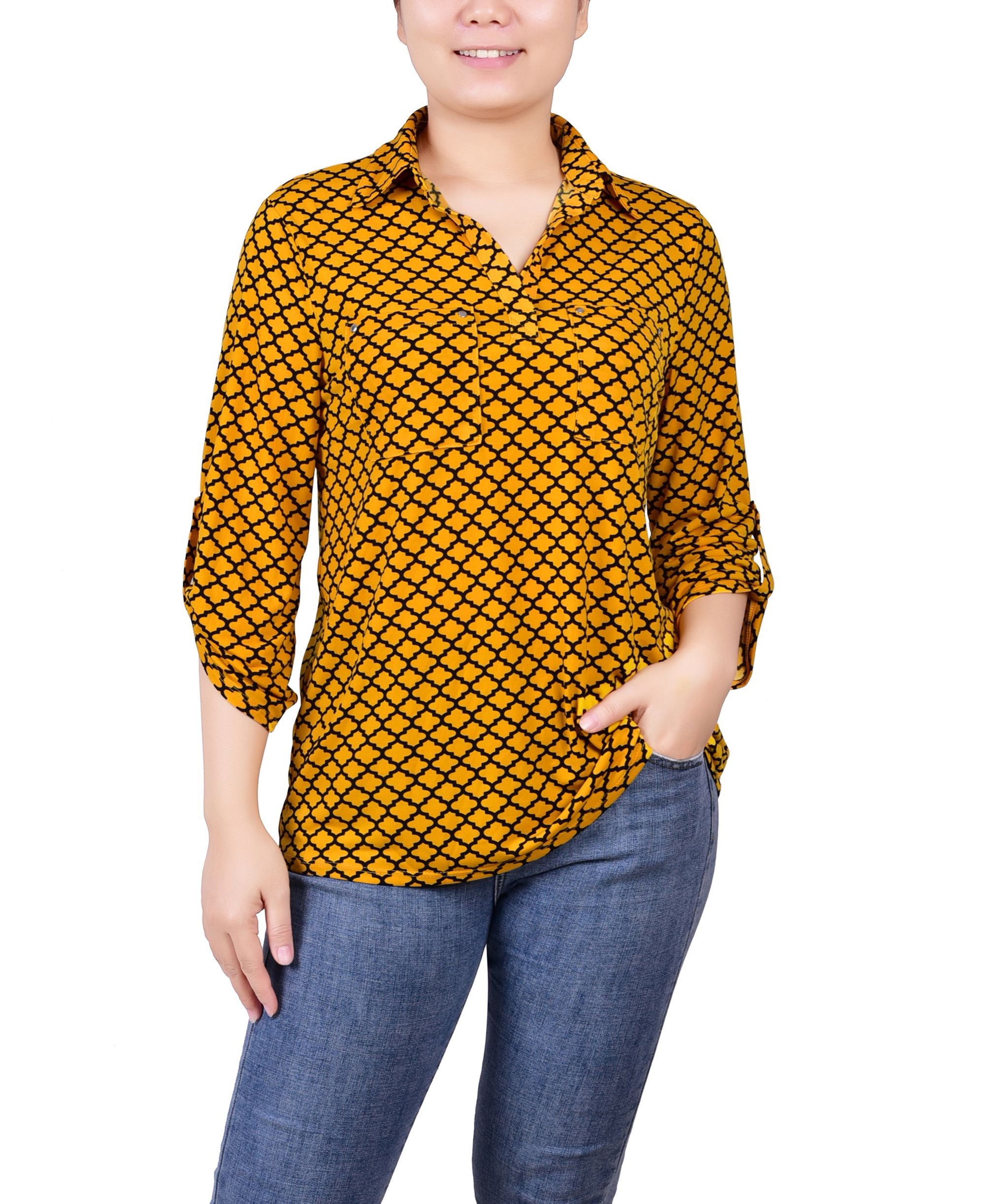 Women's 3/4 Ruched Sleeve Studded Y-neck Top