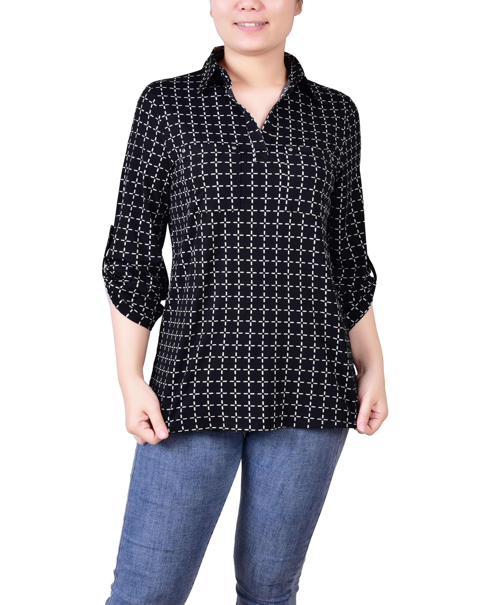 Women's 3/4 Ruched Sleeve Studded Y-neck Top