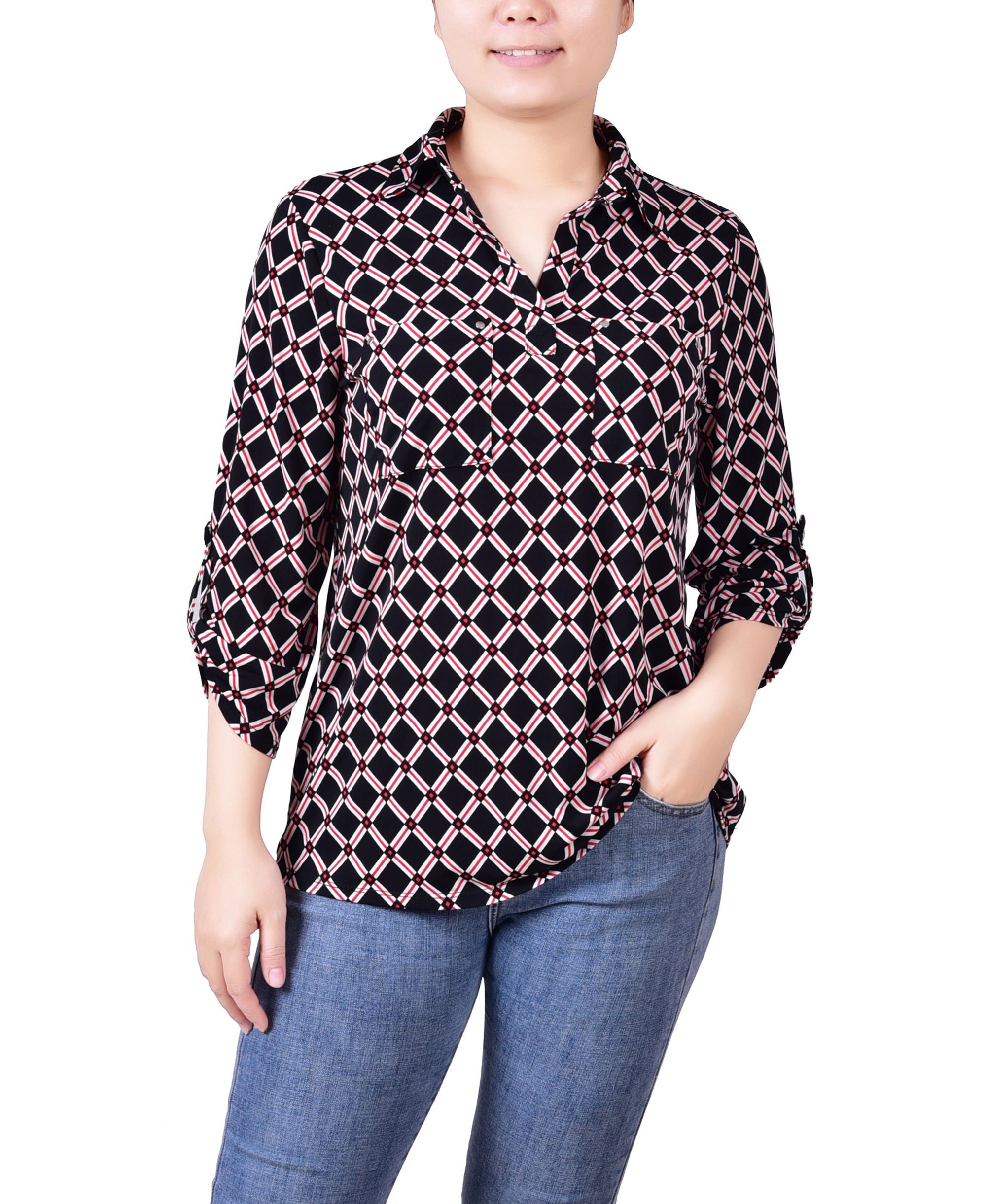 Women's 3/4 Ruched Sleeve Studded Y-neck Top
