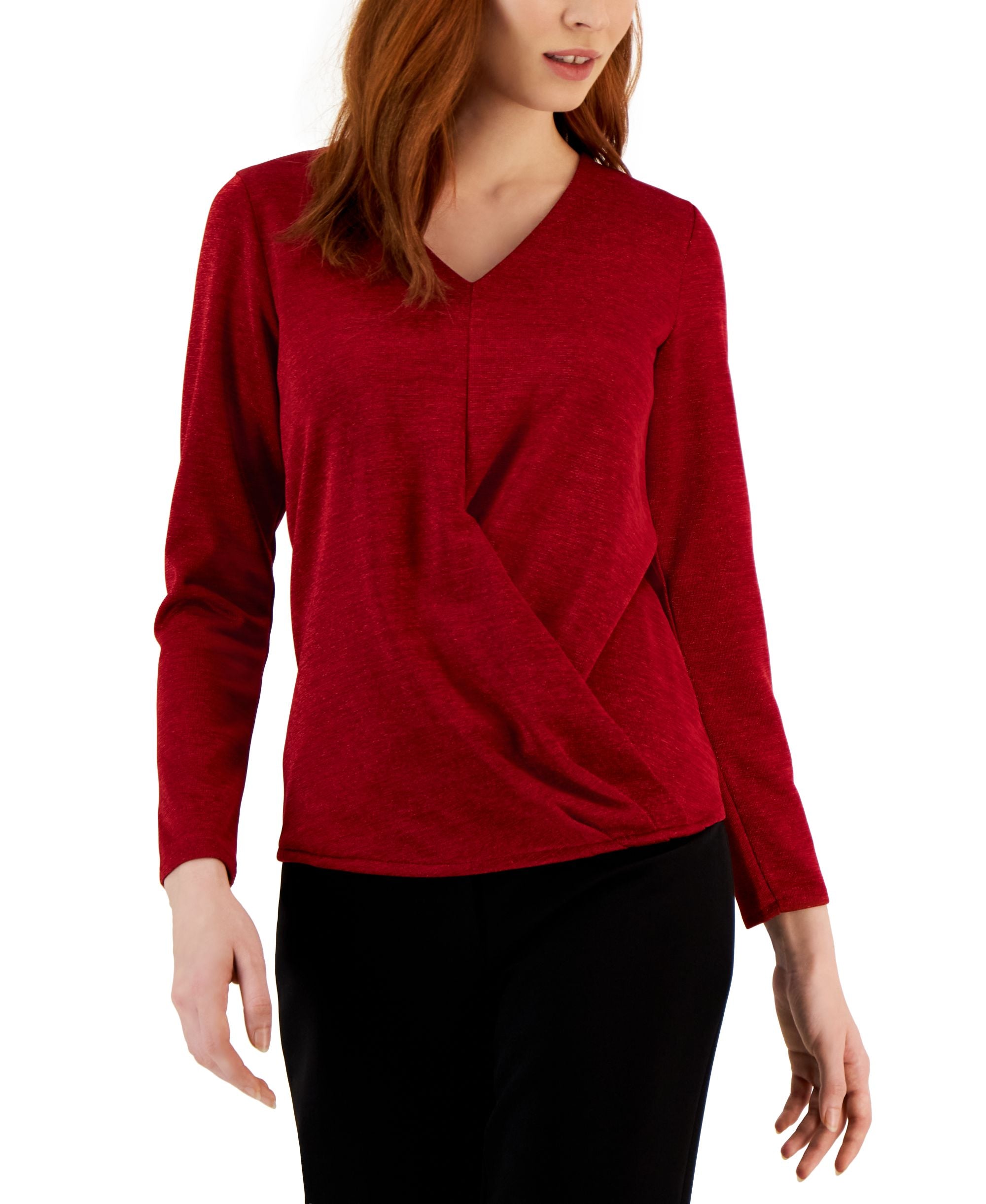 Alfani Womens Metallic Wrap Front Knit Top