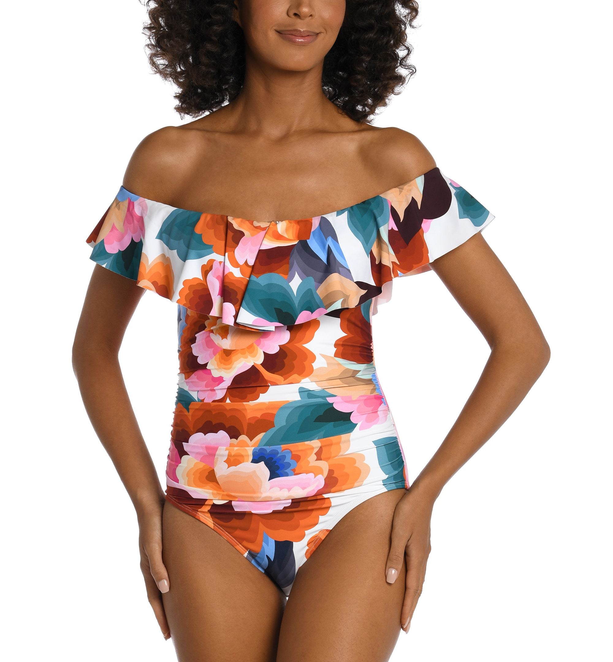 Women's Floral Rhythm Off-The-Shoulder Ruffle-Trim One-Piece Swimsuit
