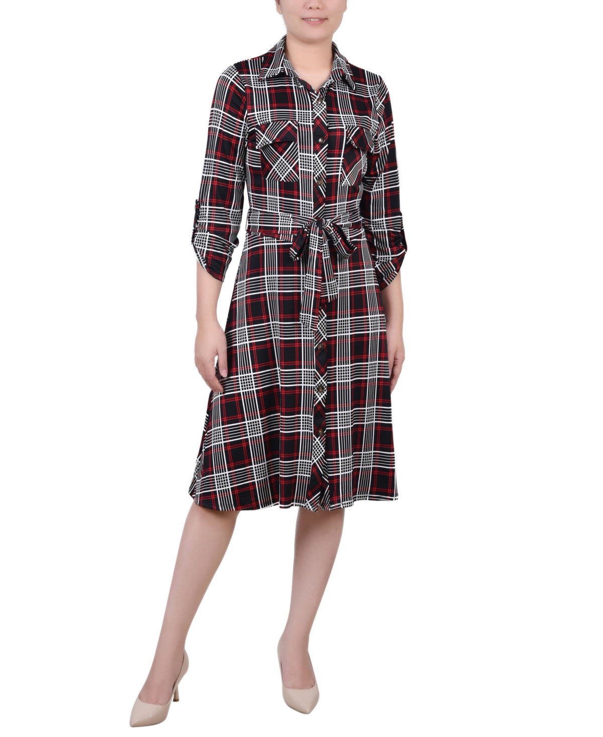 Petite 3/4 Sleeve Roll Tab Shirtdress