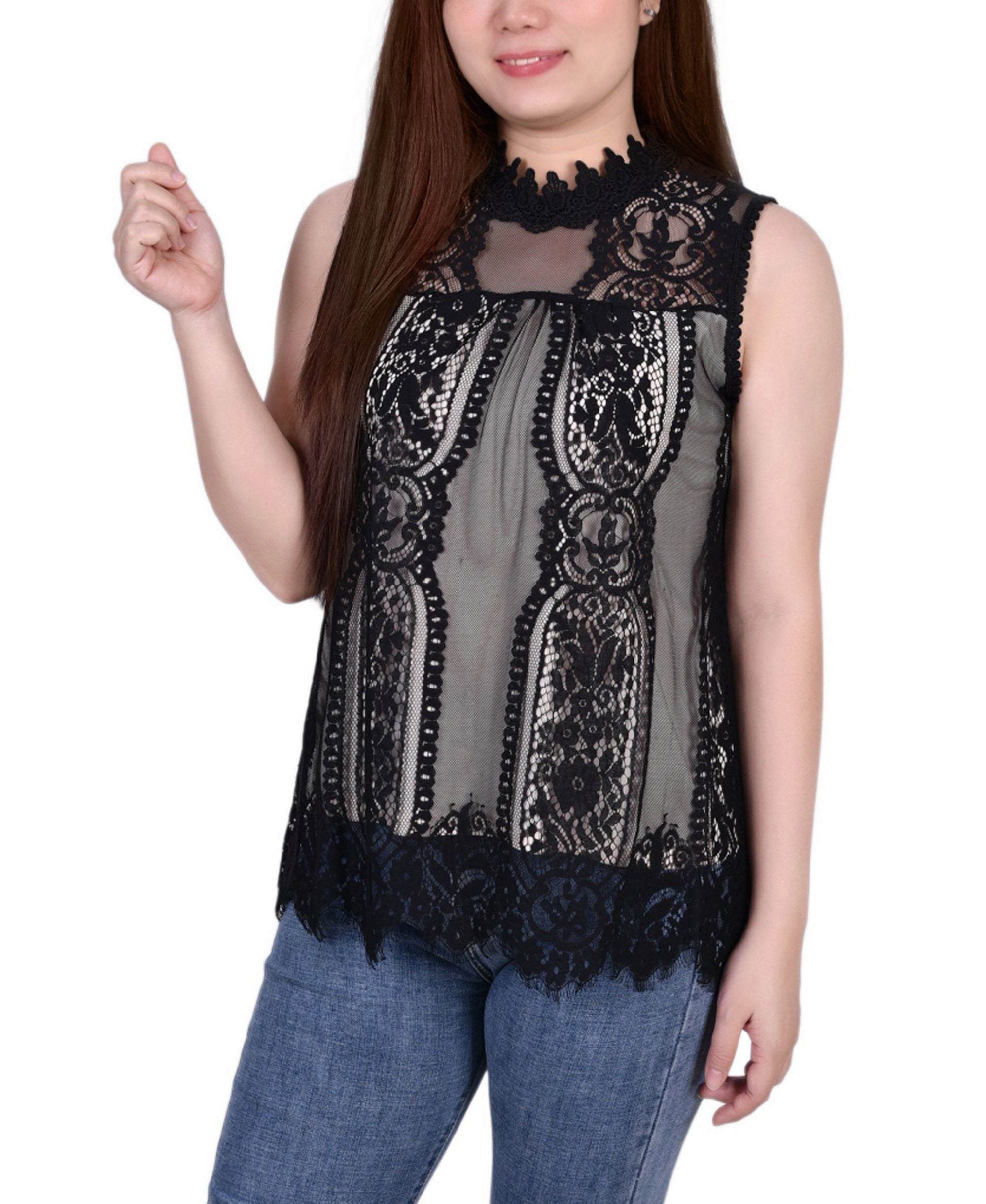 NY Collection Petite Lace Mock Neck Top