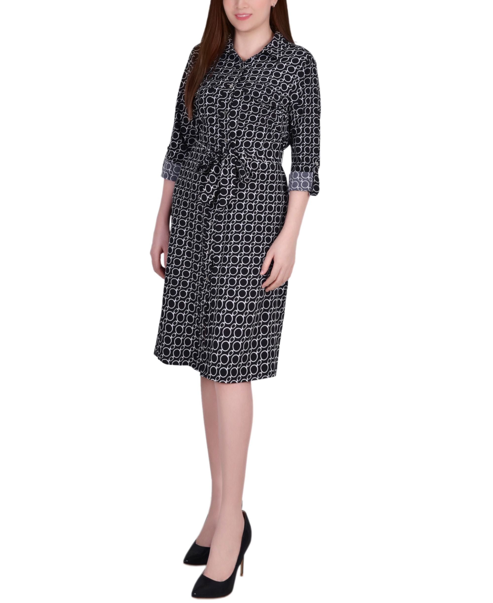 Petite Geometric Printed Long Sleeve Roll Tab Shirtdress