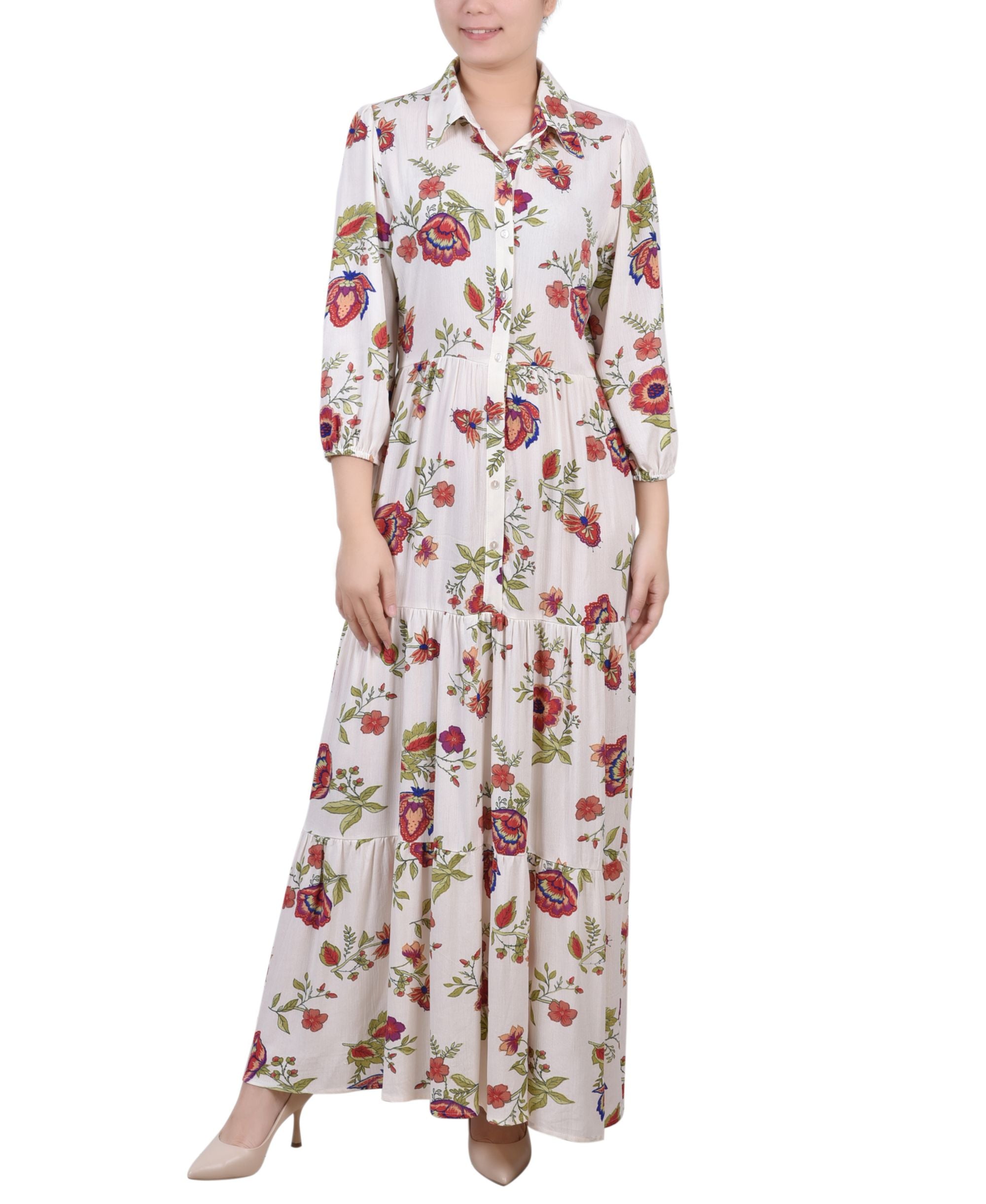 NY Collection Petite 3/4 Sleeve Crinkle Tiered Maxi Dress