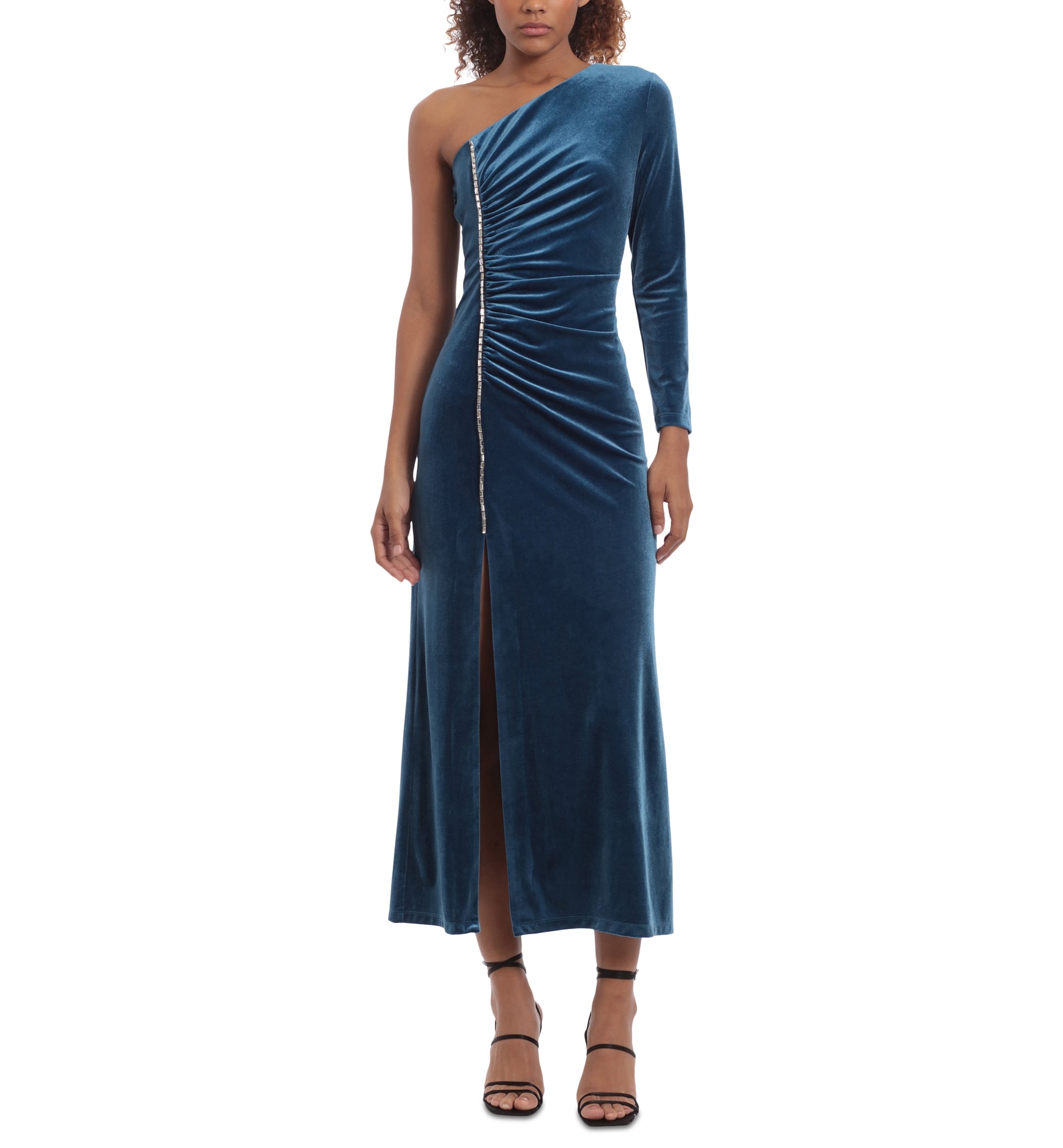 Women's One-Shoulder Ruched Velvet Midi Dress