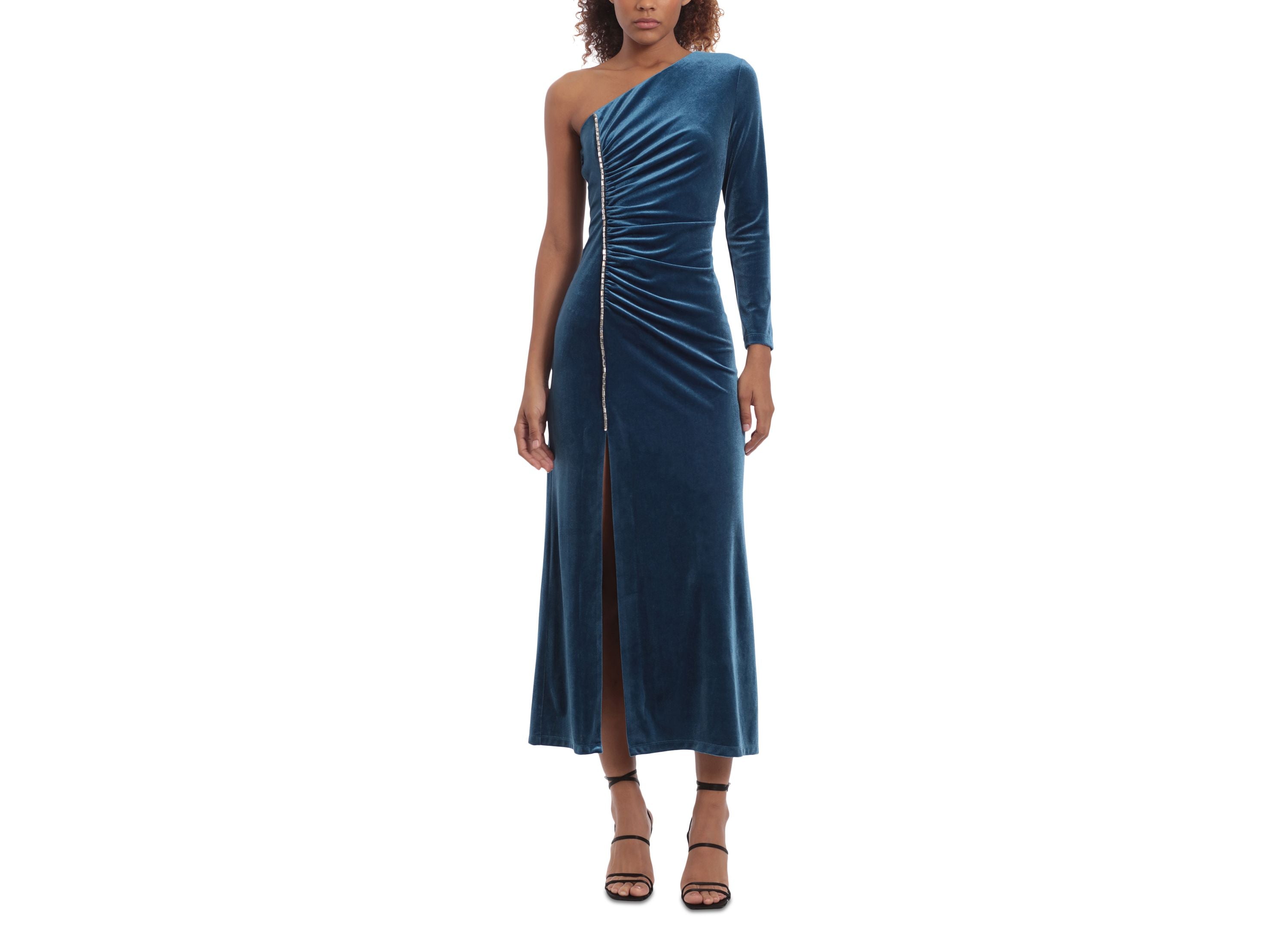 Women's One-Shoulder Ruched Velvet Midi Dress