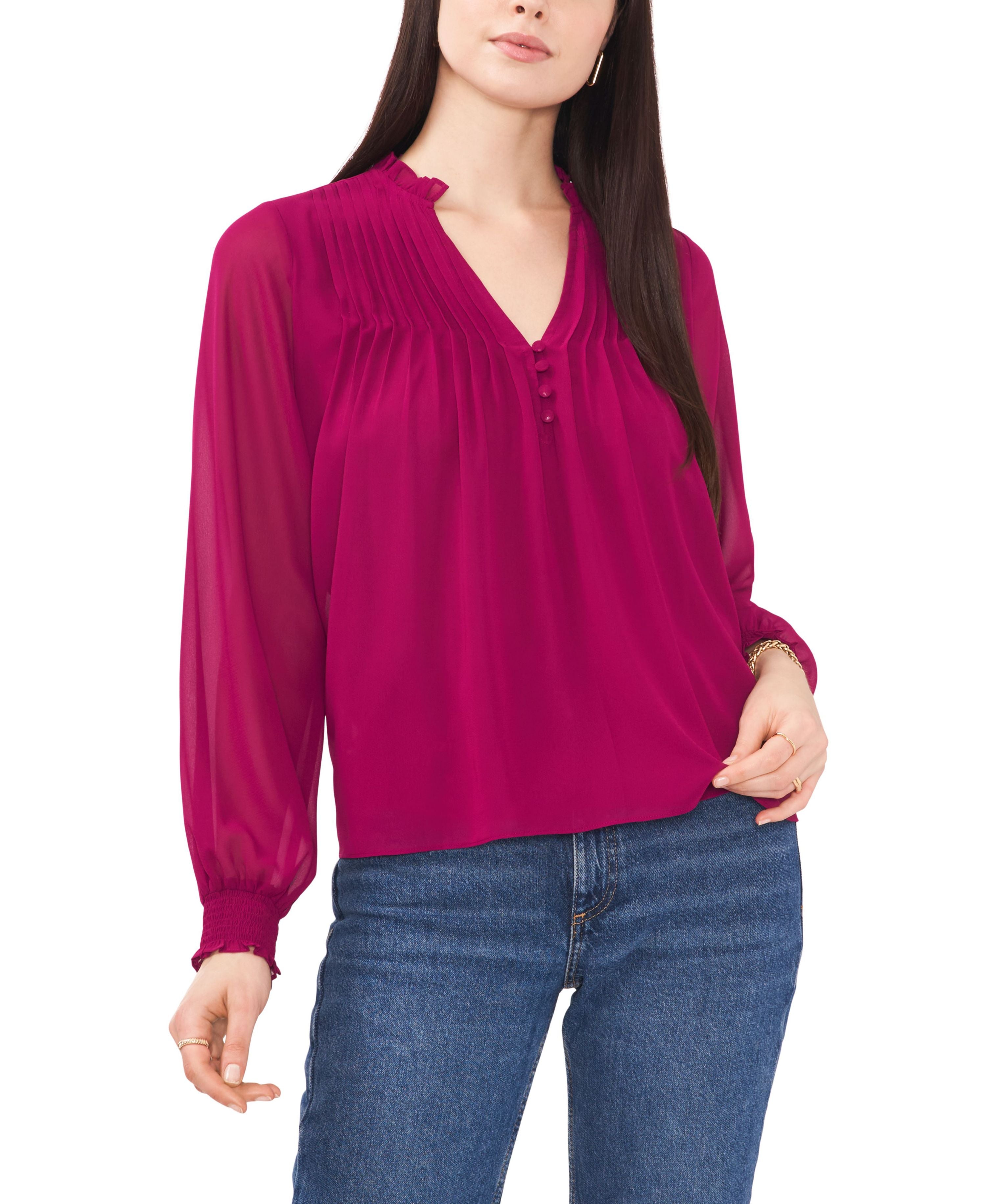 Women's Long Sleeve Pleated Yoke Split Neck Blouse