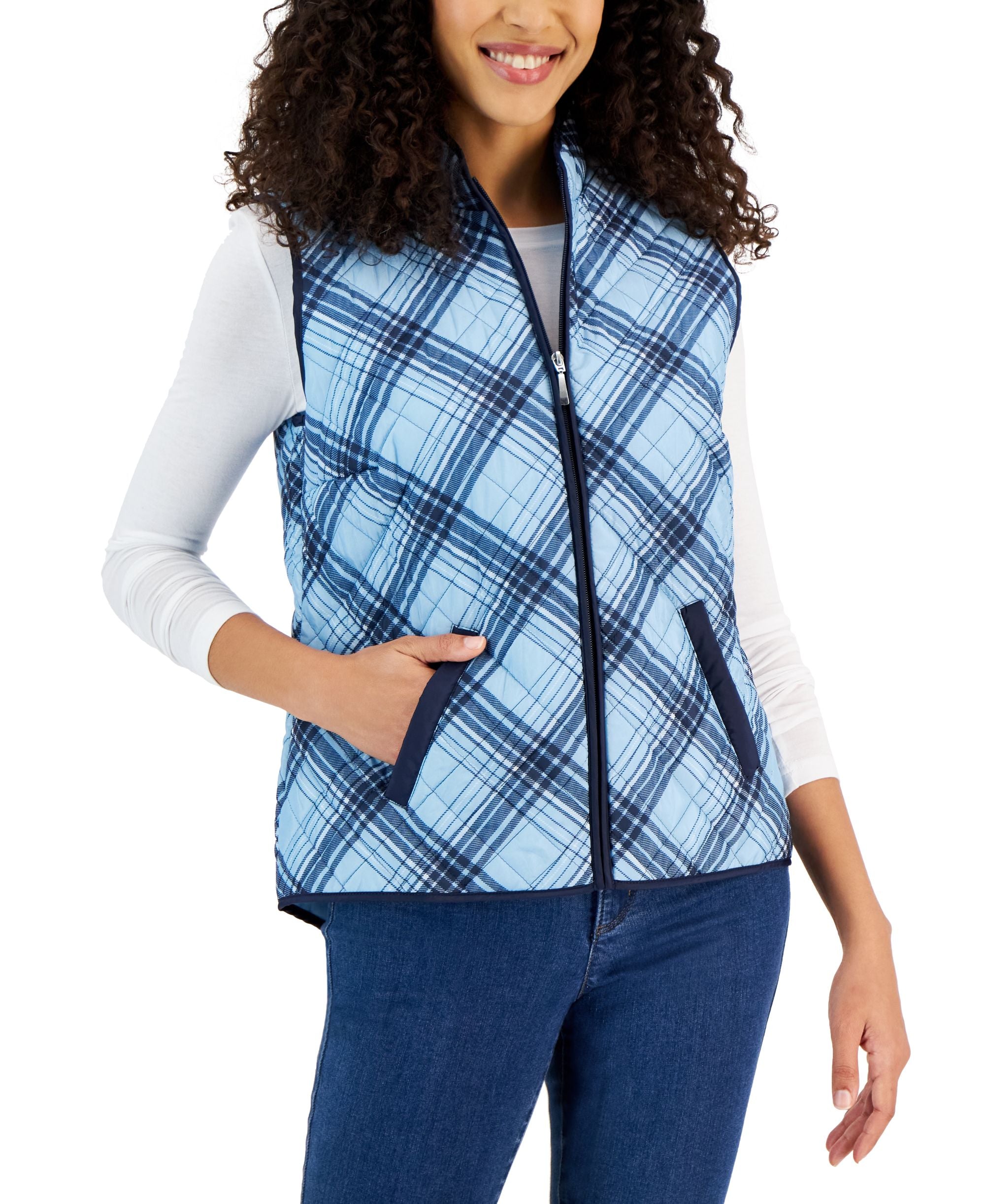 Karen Scott Womens Plaid Sleeveless Puffer Vest