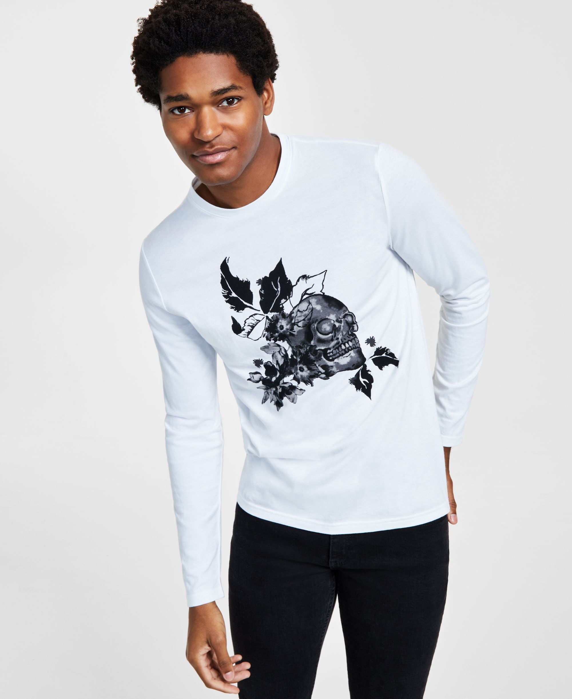 International Concepts Mens Devon Classic Fit Floral Skull Graphic Long Sleeve T-Shirt