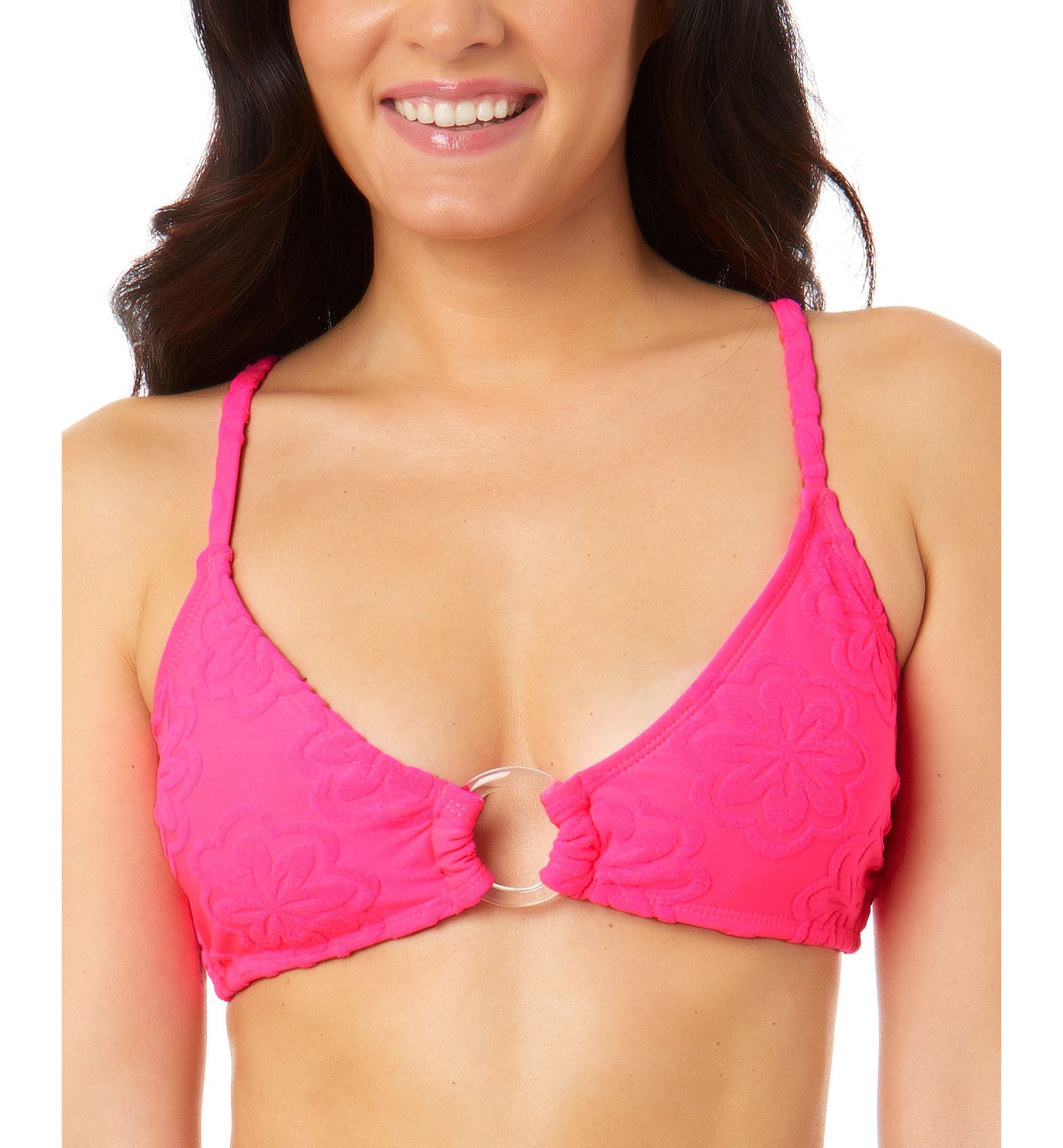 Juniors' Pink Sizzle Terry Daisy Ring-Front Bralette Bikini Top