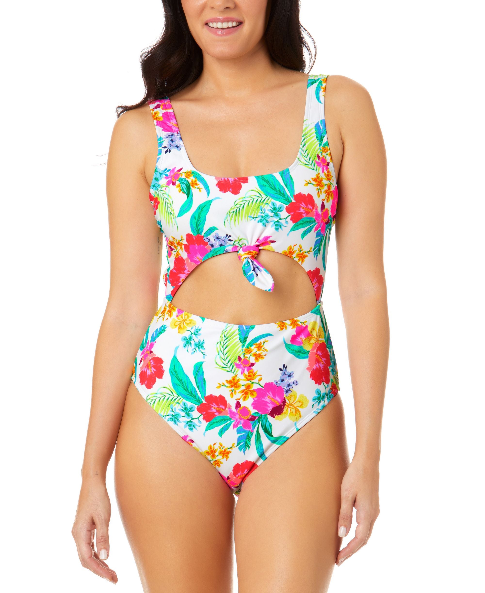 Juniors' Retro Hibiscus Knot-Front One-Piece Swimsuit