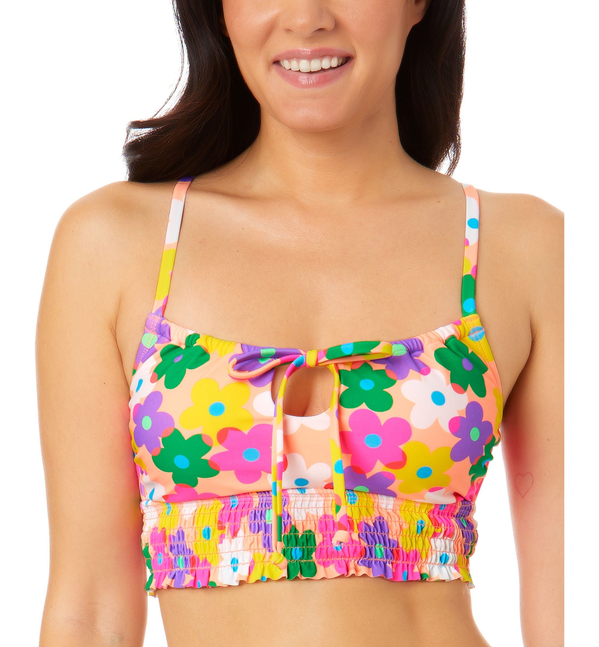 Juniors' Pressed Floral Smock-Front Cami Bikini Top