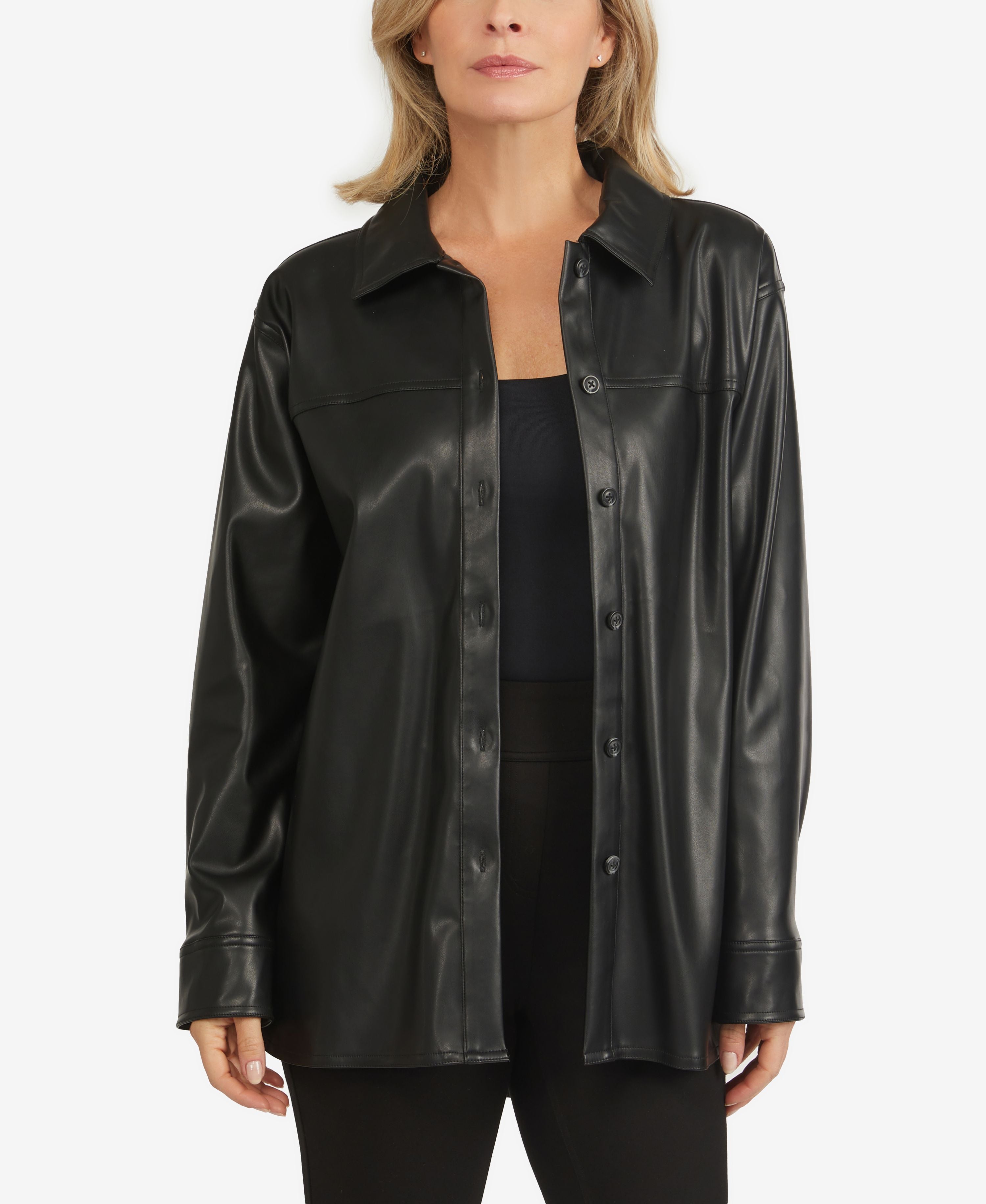 Women's Polyurethane Leather Snap Shacket