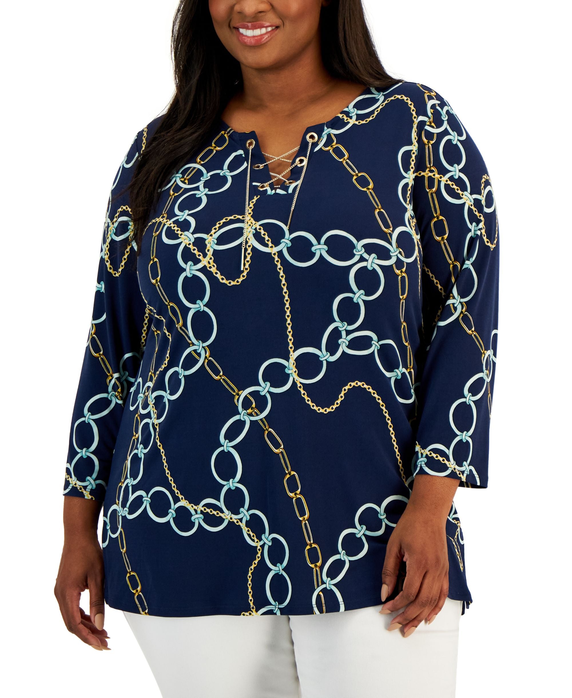 JM Collection Plus Size Chain Lace Up 3/4 Sleeve Tunic