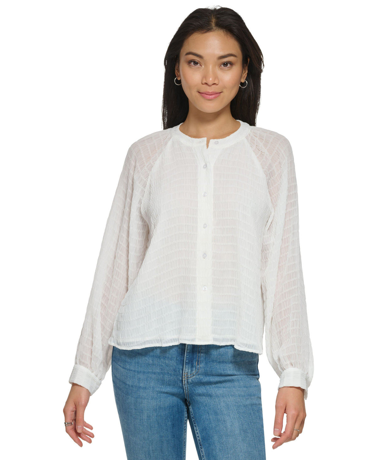 Long Sleeve Textured Chiffon Blouse
