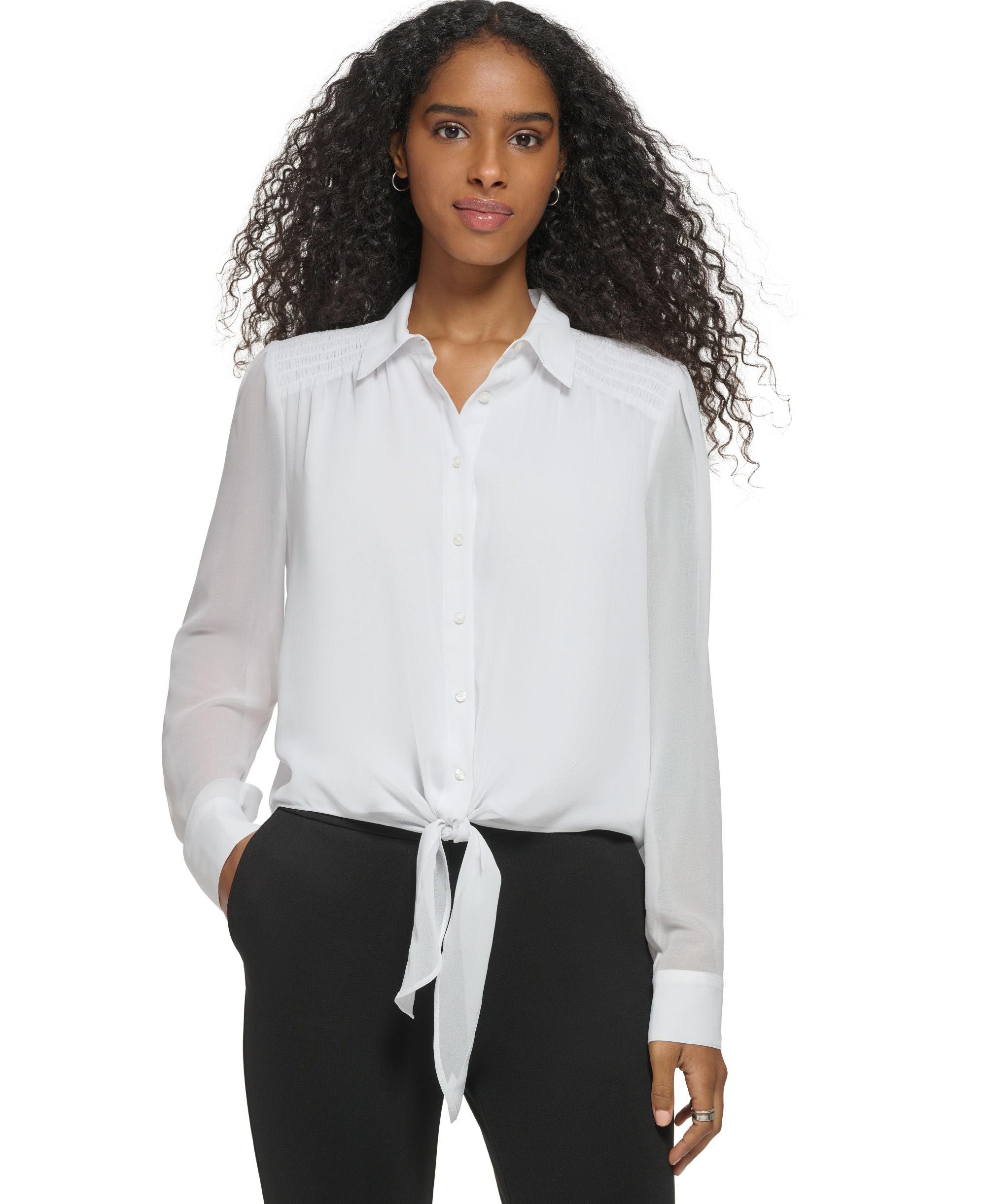 Women's Long Sleeve Tie Front Button Down Blouse