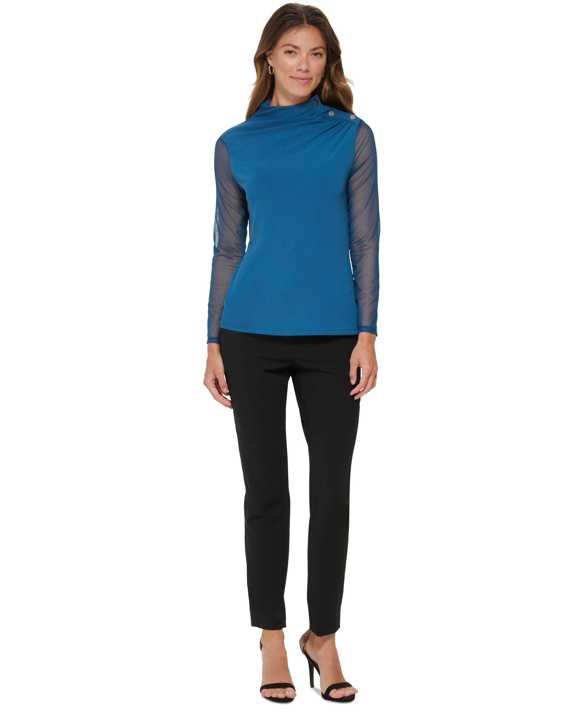 Women's Mixed-Media Shoulder-Button Knit Top