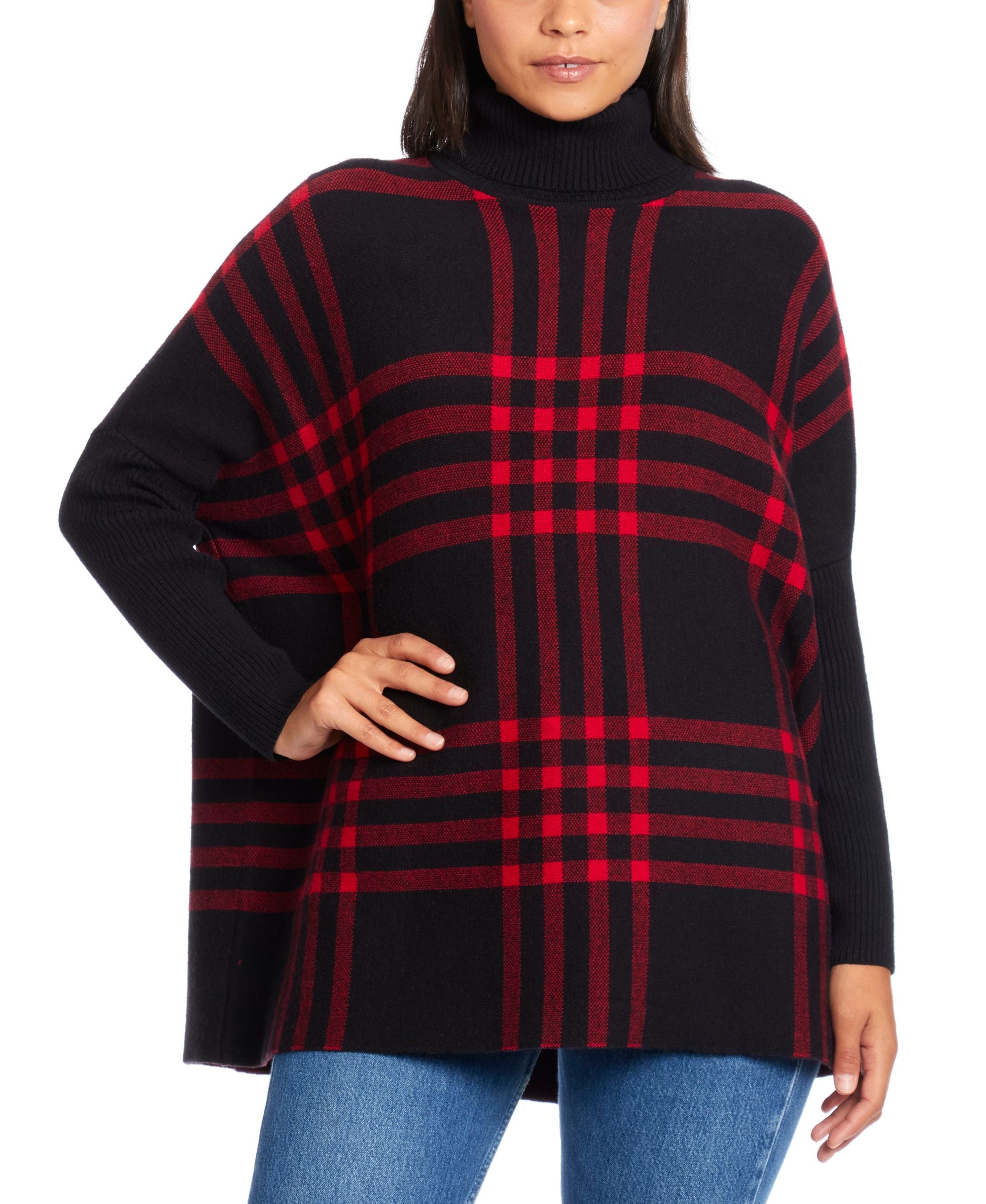 Joseph A Plaid Turtleneck Poncho Sweater