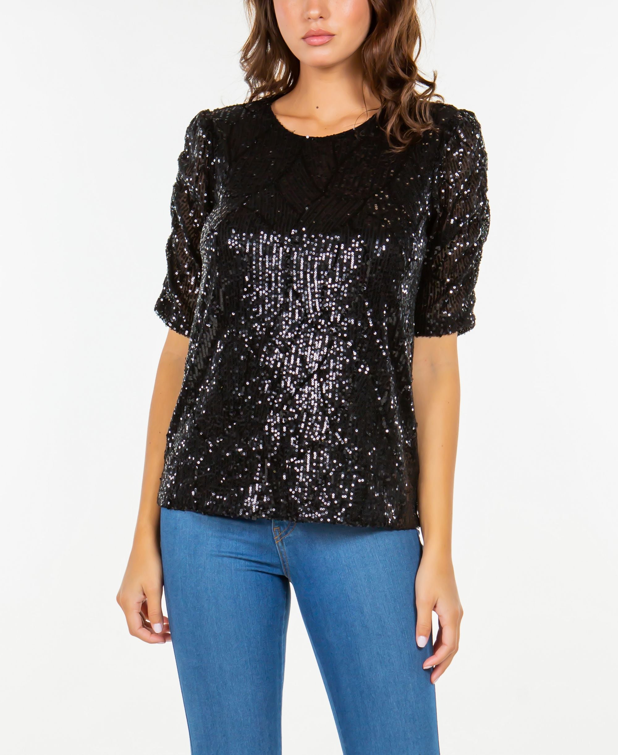 Fever Womens Rouched Short Sleeve Sequin Top