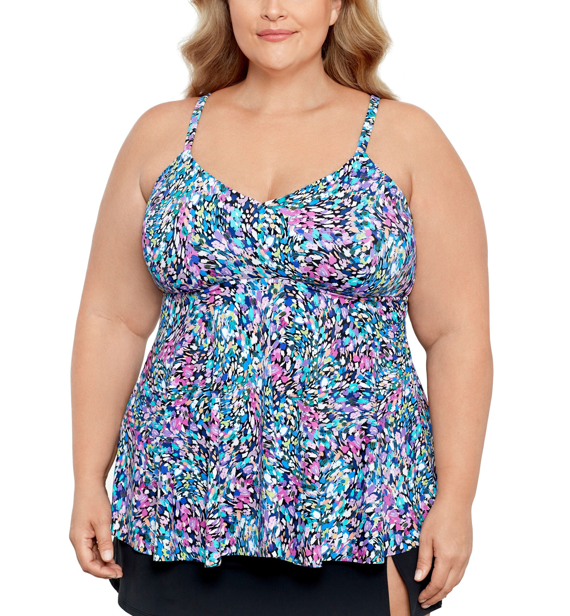 Plus Size Printed V-Neck Underwire Tankini Top