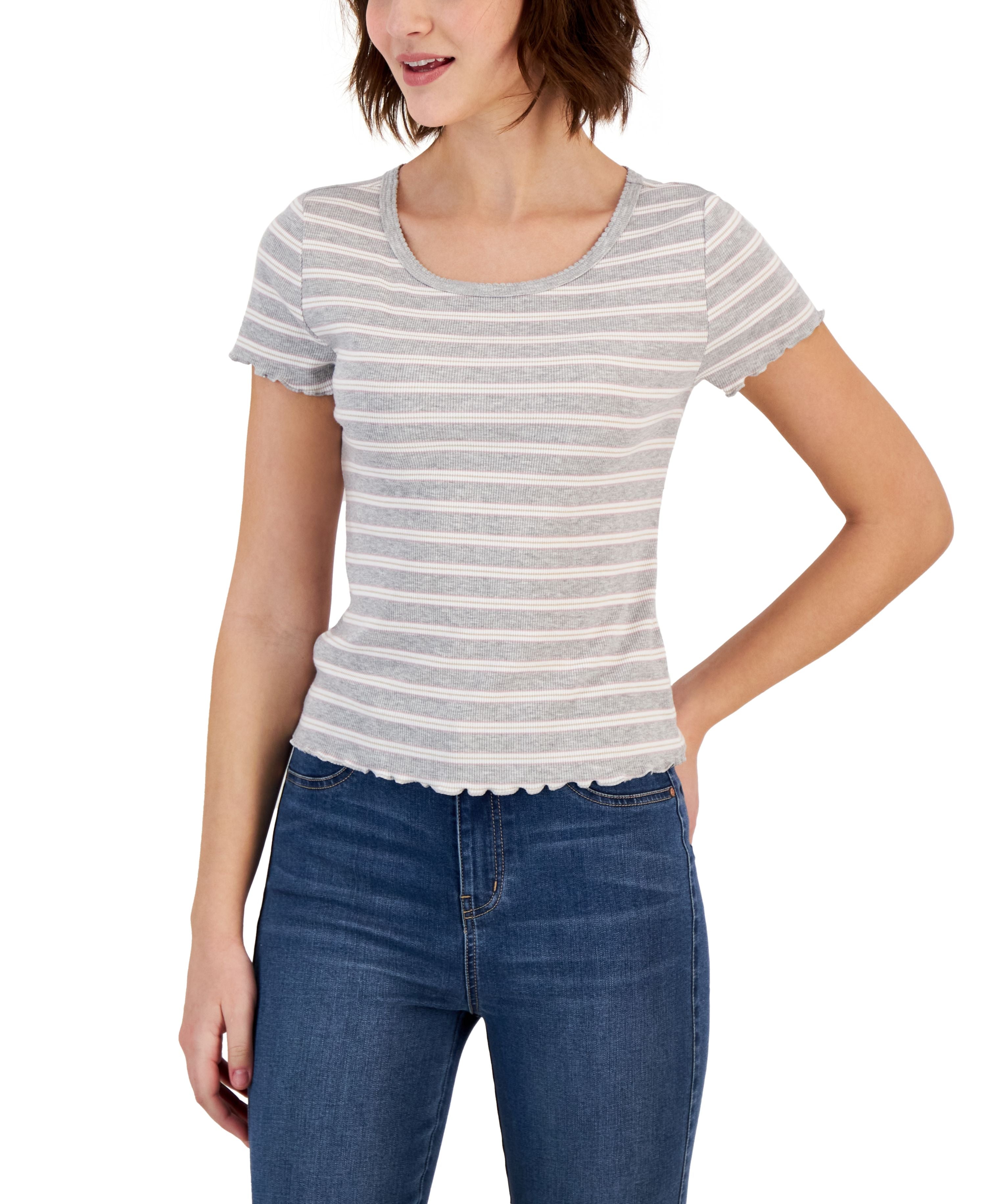 Juniors' Striped Lettuce-Edge Scoop-Neck Top