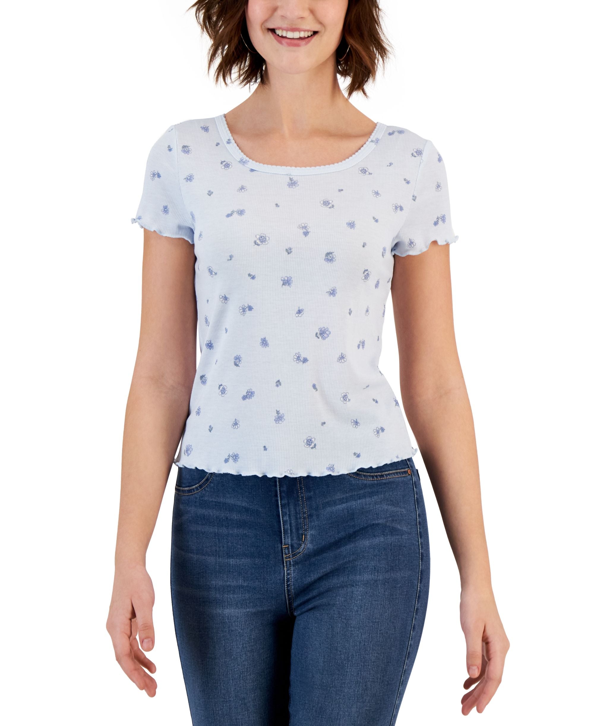 Juniors' Striped Lettuce-Edge Scoop-Neck Top