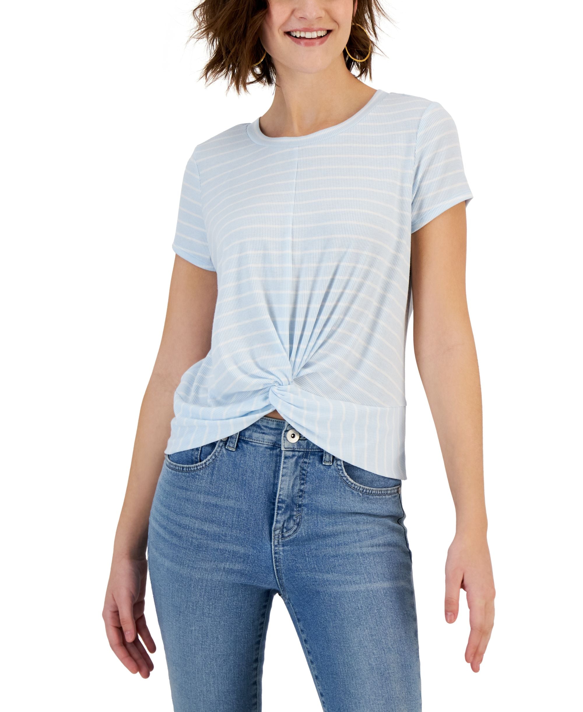 Juniors' Twist-Front Ribbed Striped Top
