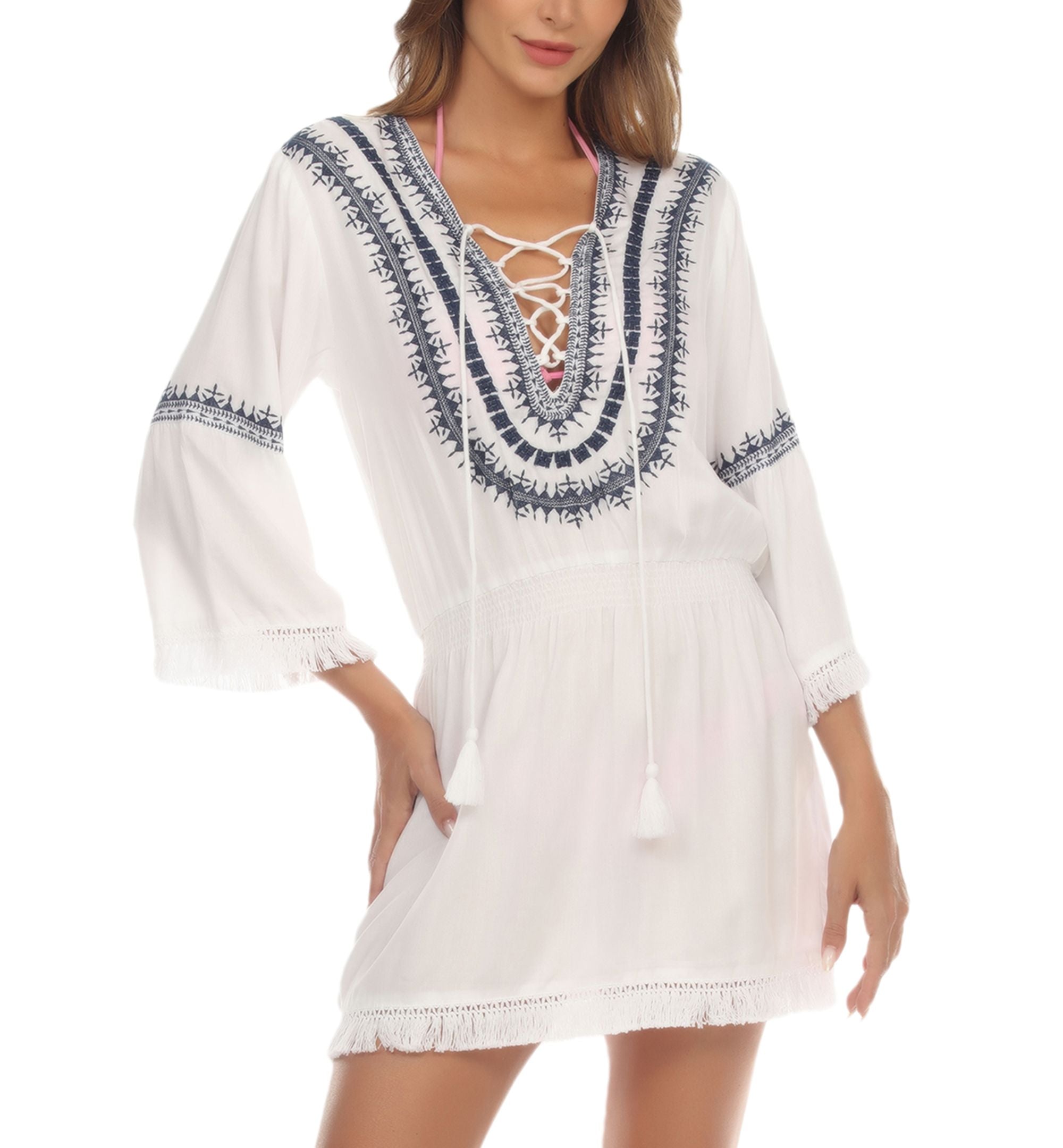 Women's Embroidered Tie-Neck Dress Cover-Up