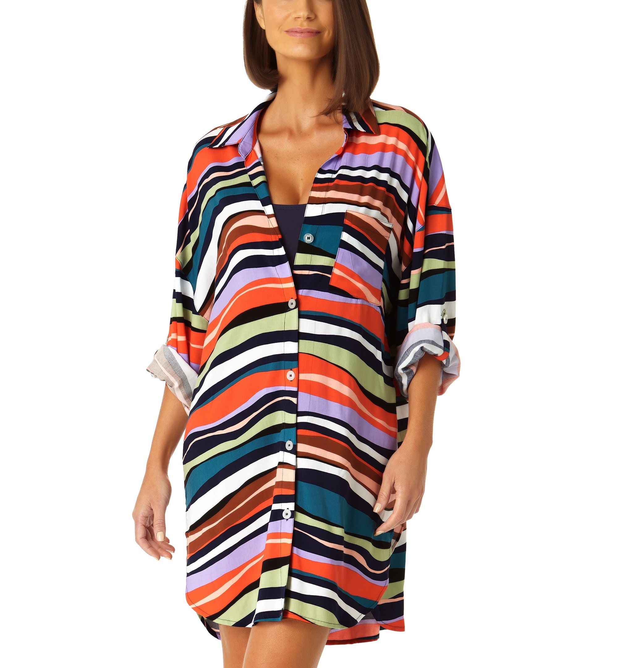 Women's Striped Button-Front Roll-Tab-Sleeve Cover-Up