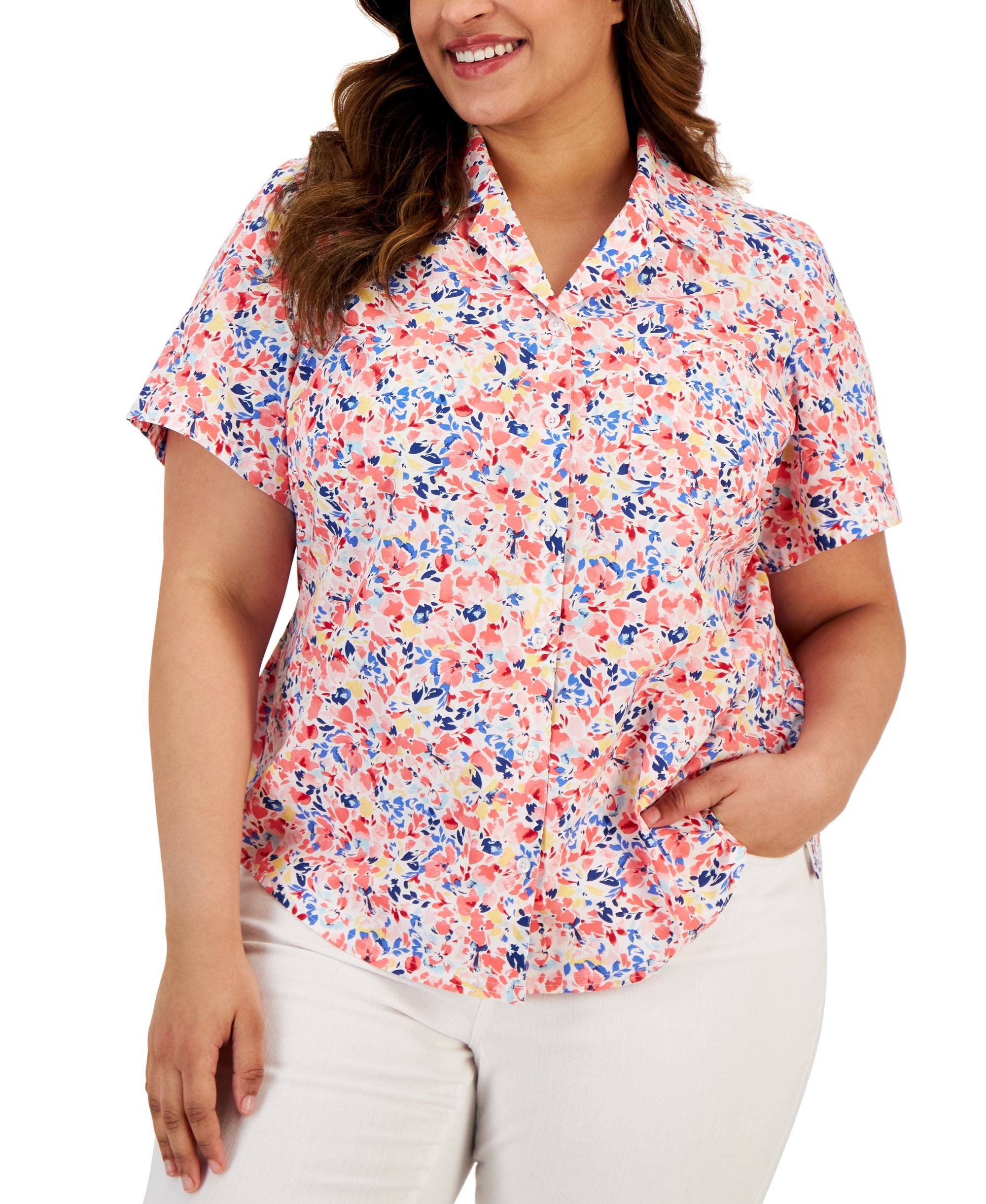 Karen Scott Plus Size Idyllic Fauna Button Front Shirt516