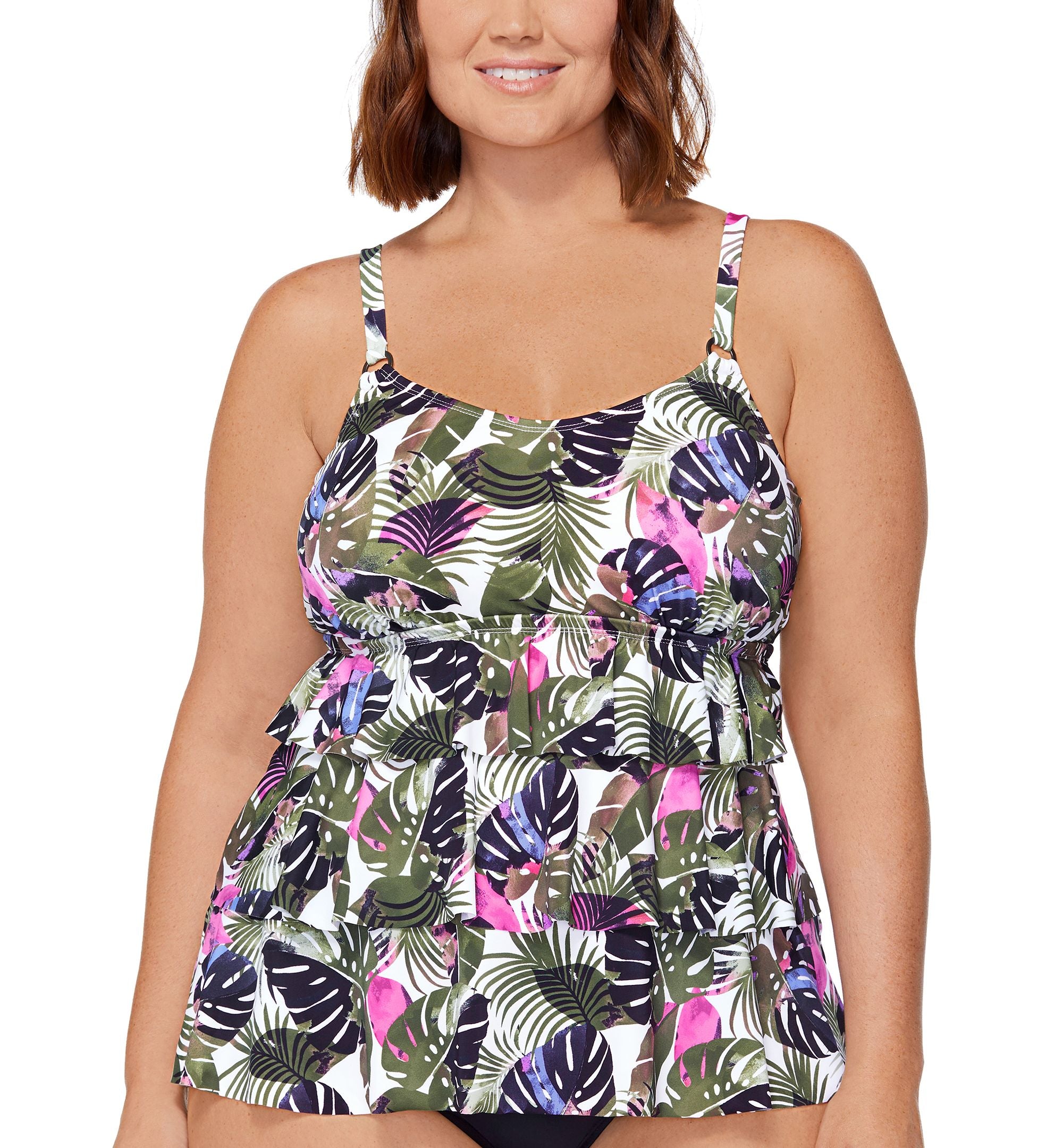 Plus Size Printed Triple-Tiered Underwire Tankini Swim Top