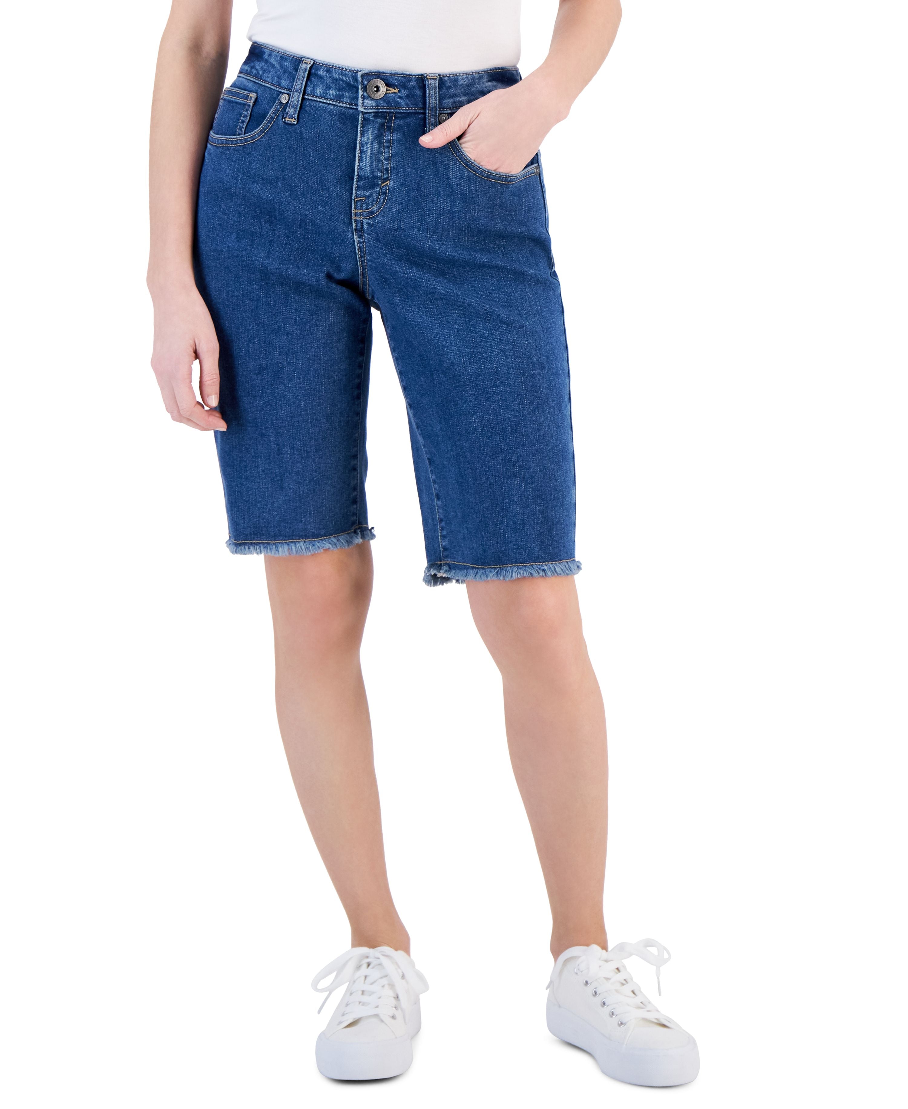 Petite Mid-Rise Frayed Denim Bermuda Shorts