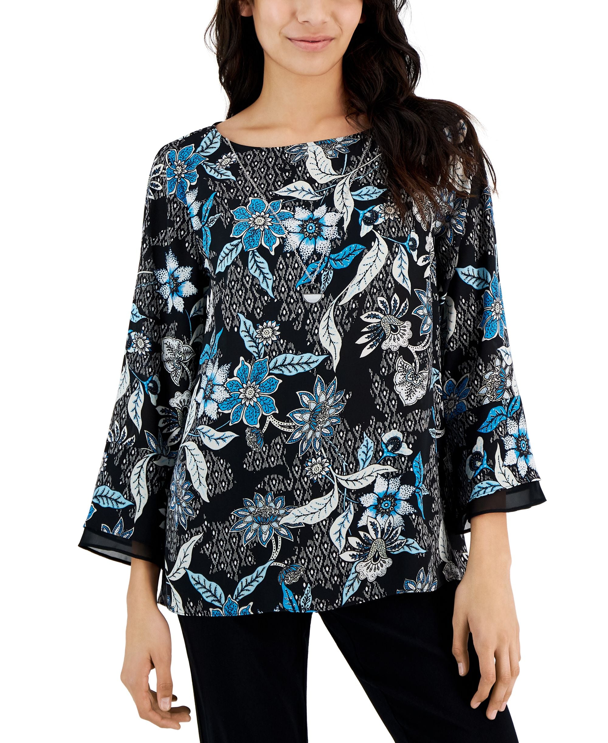 JM Collection Womens Etched Batik Printed Flared-Sleeve Top