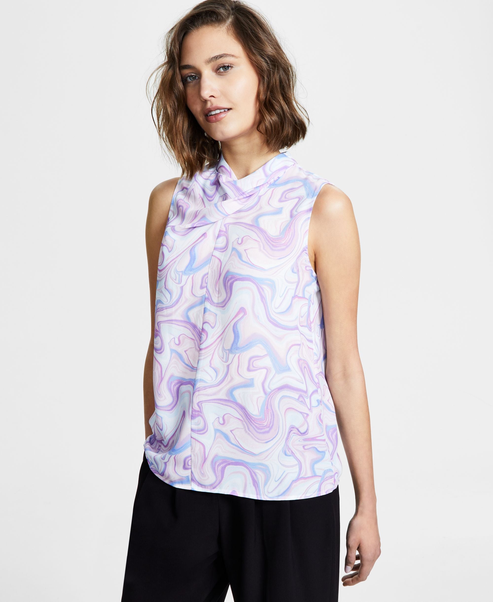 Women's Marble-Print Cowl Neck Sleeveless Blouse