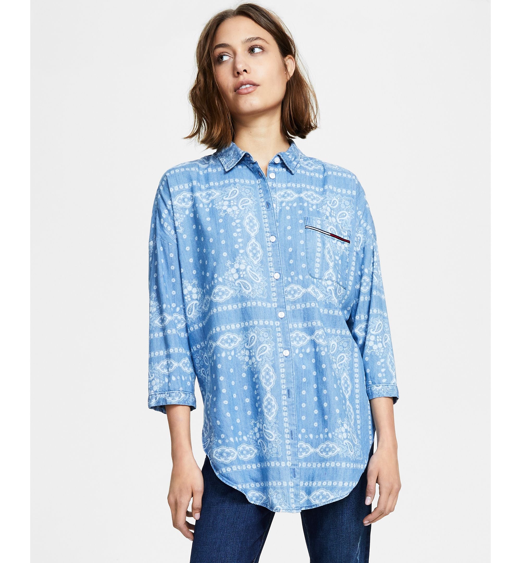 Women's Oversized Bandana-Print Button-Down Chambray Shirt