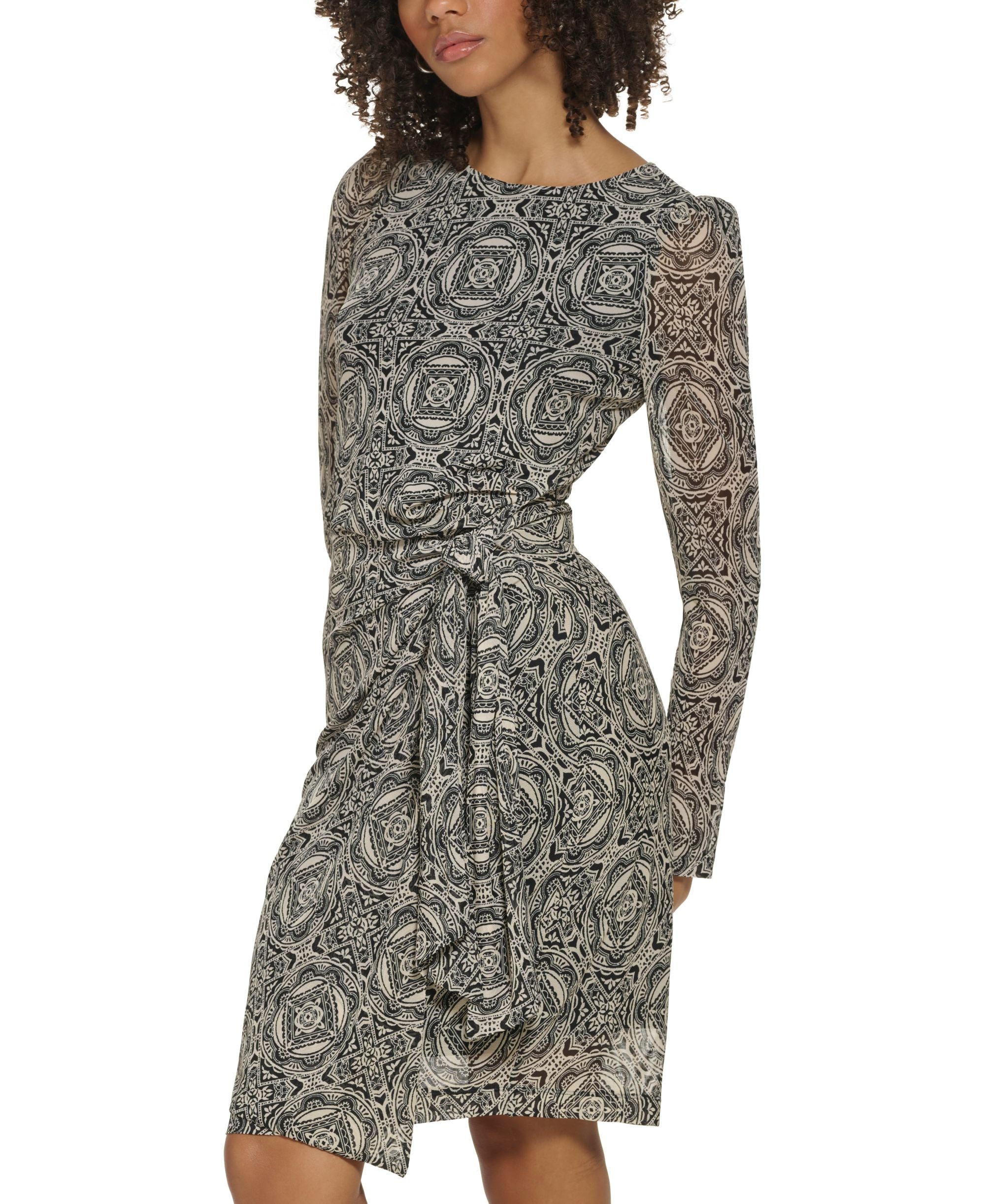 Women's Tile-Print Tie-Waist Mesh Dress