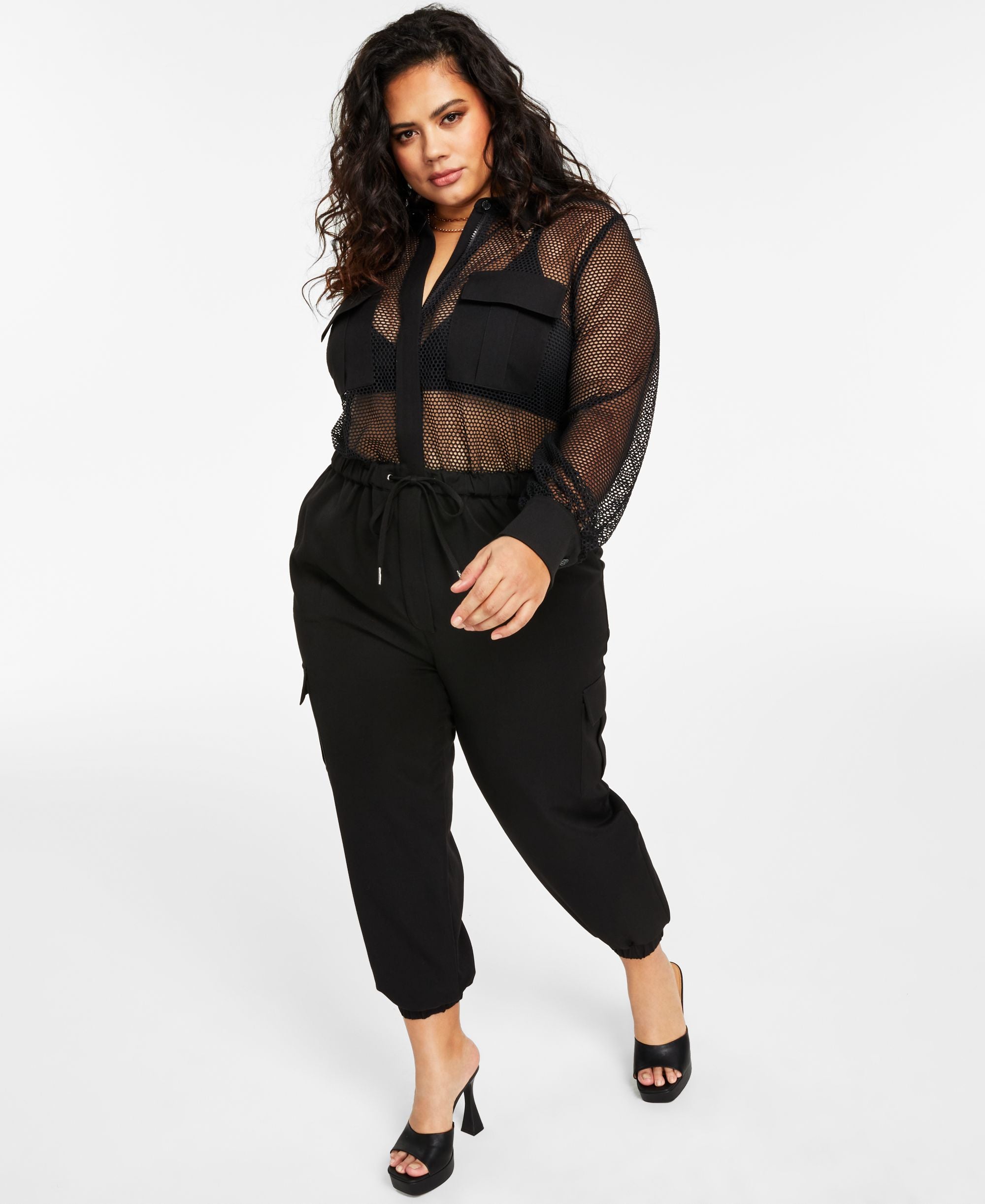 Trendy Plus Size Mesh-Top Jumpsuit