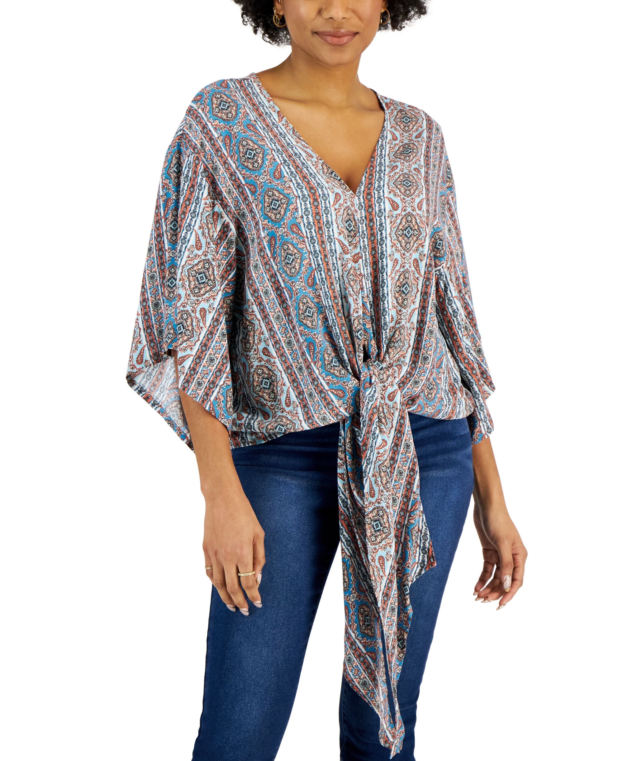 Juniors' Printed Tie-Front Top