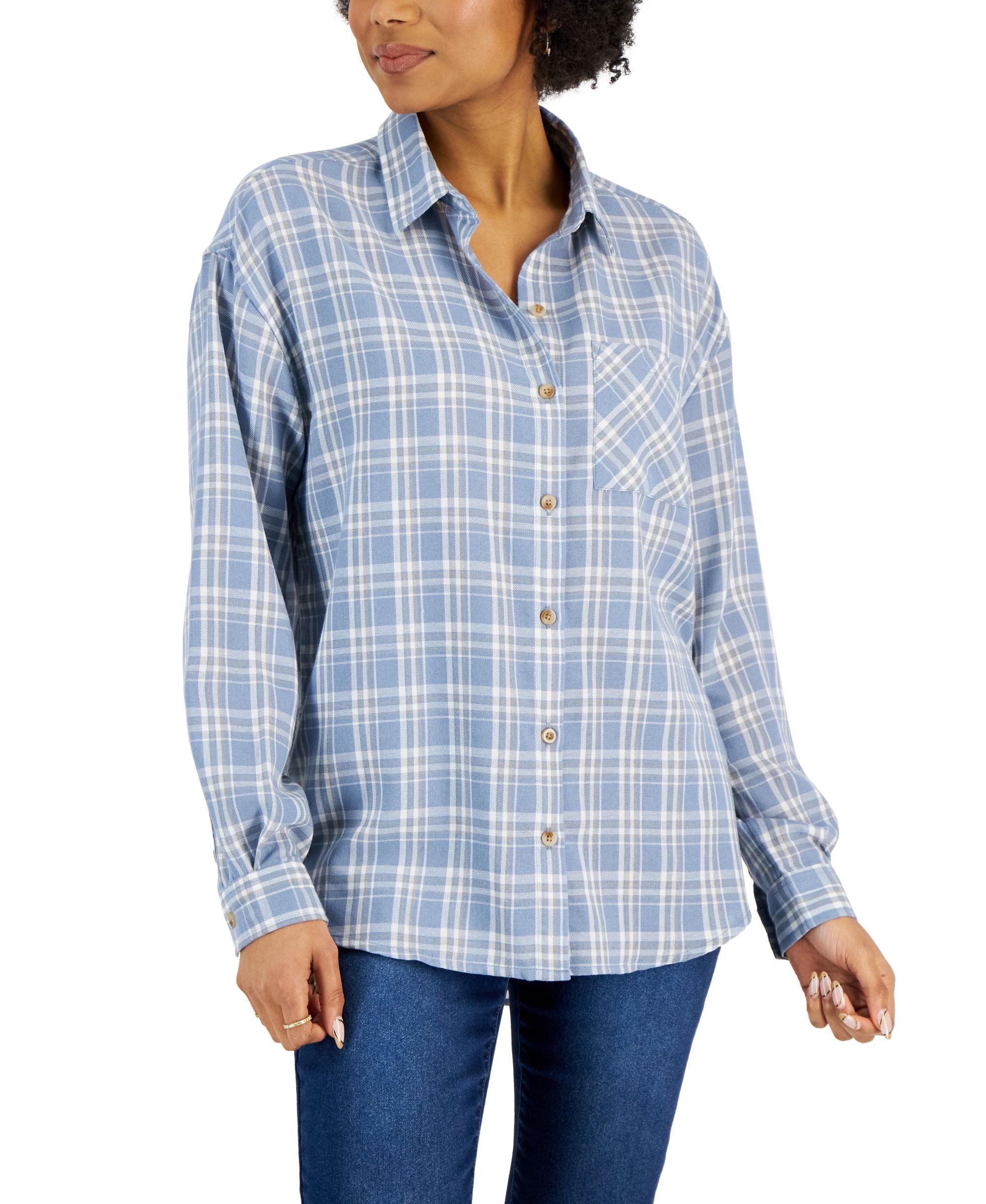 Juniors' Plaid-Print Button-Front Long-Sleeve Shirt