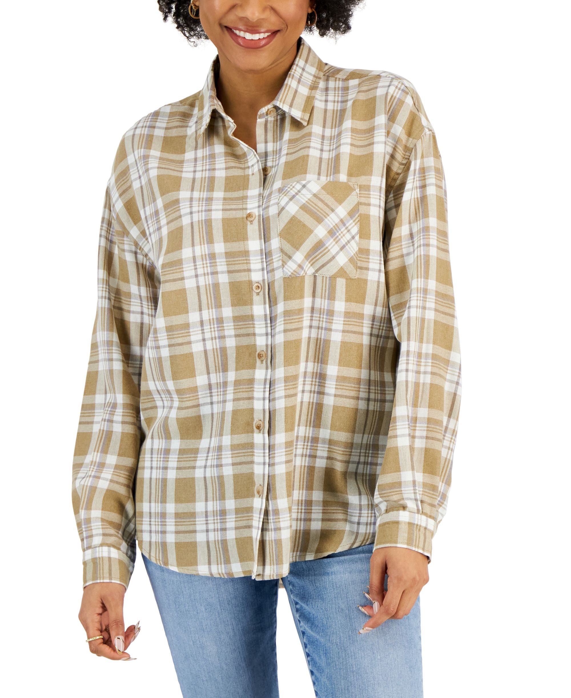 Juniors' Plaid-Print Button-Front Long-Sleeve Shirt
