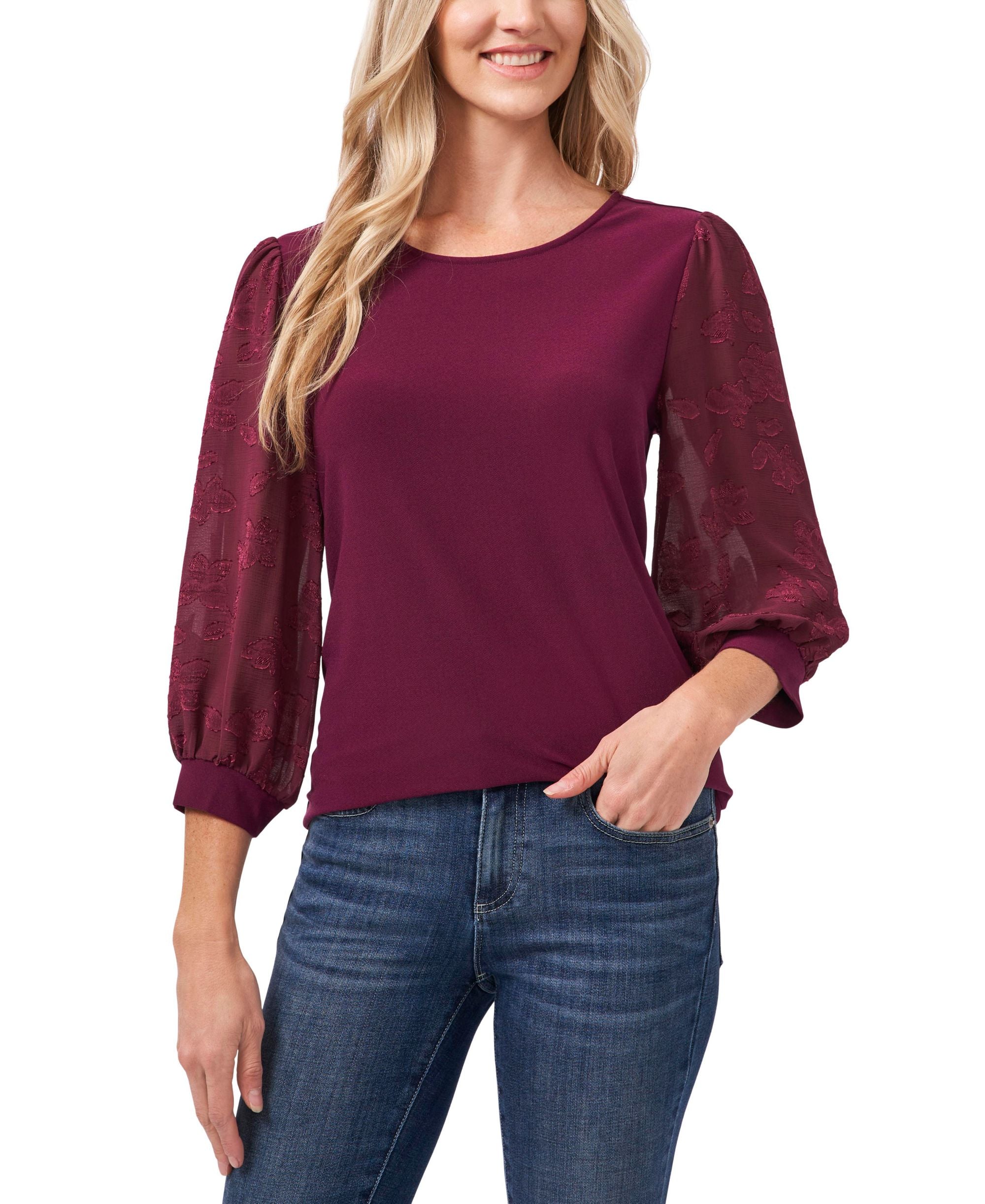 Women's Mixed Media 3/4-Sleeve Crew Neck Knit Blouse