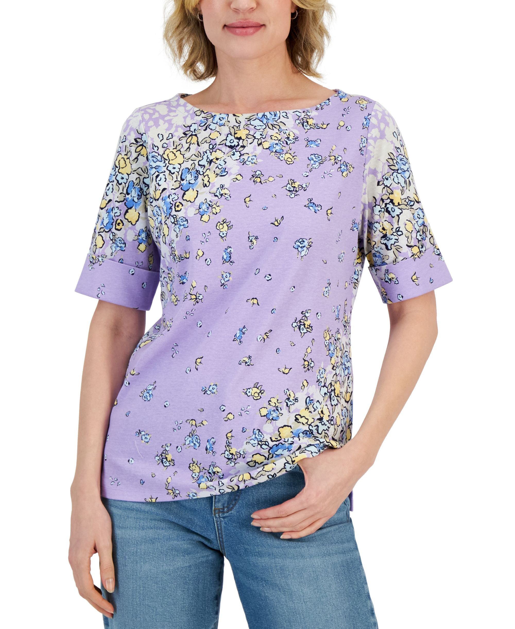 Women's Givery Garden Boat-Neck Elbow-Sleeve Top