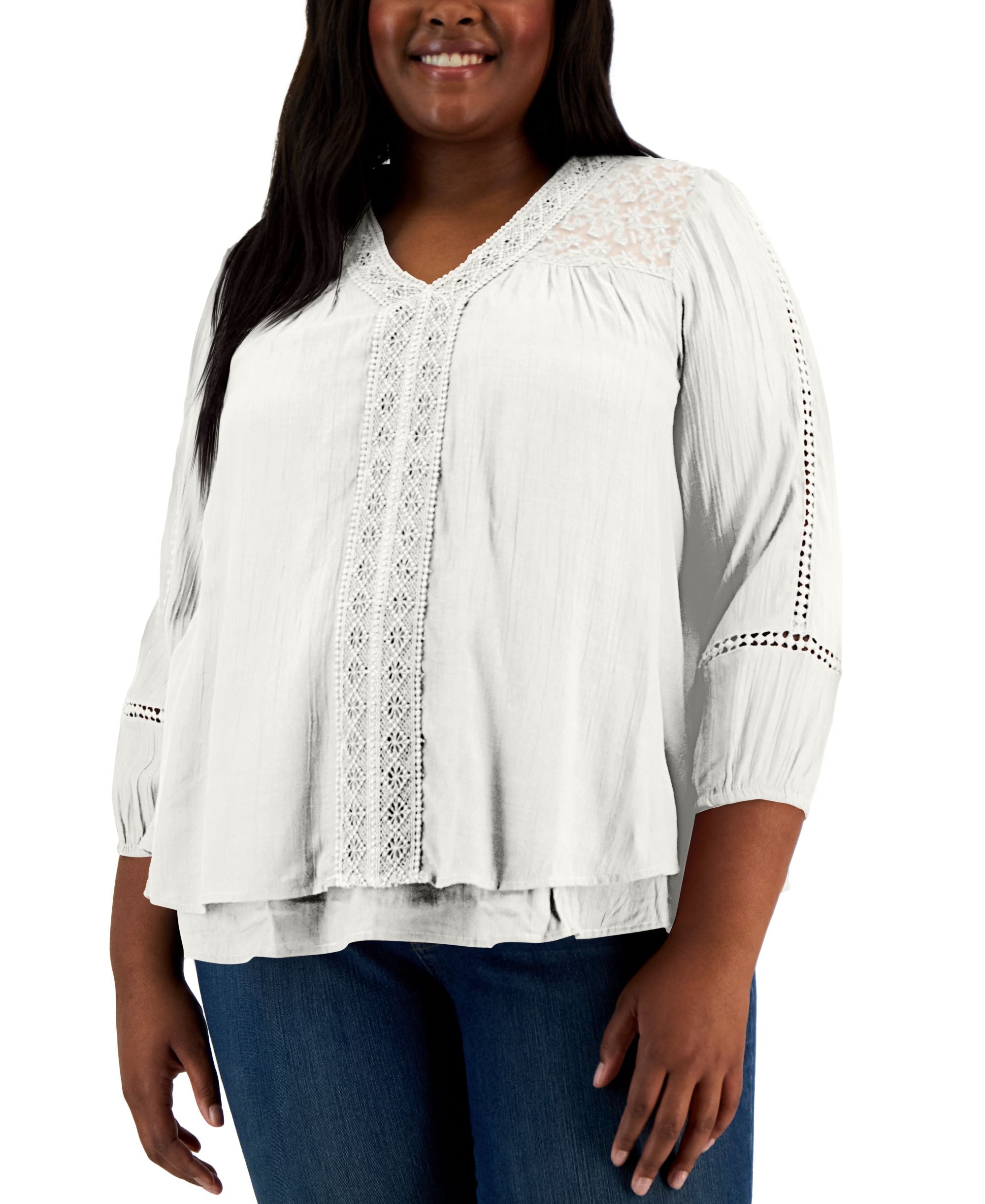 Plus Size Lace-Trim Long-Sleeve Top