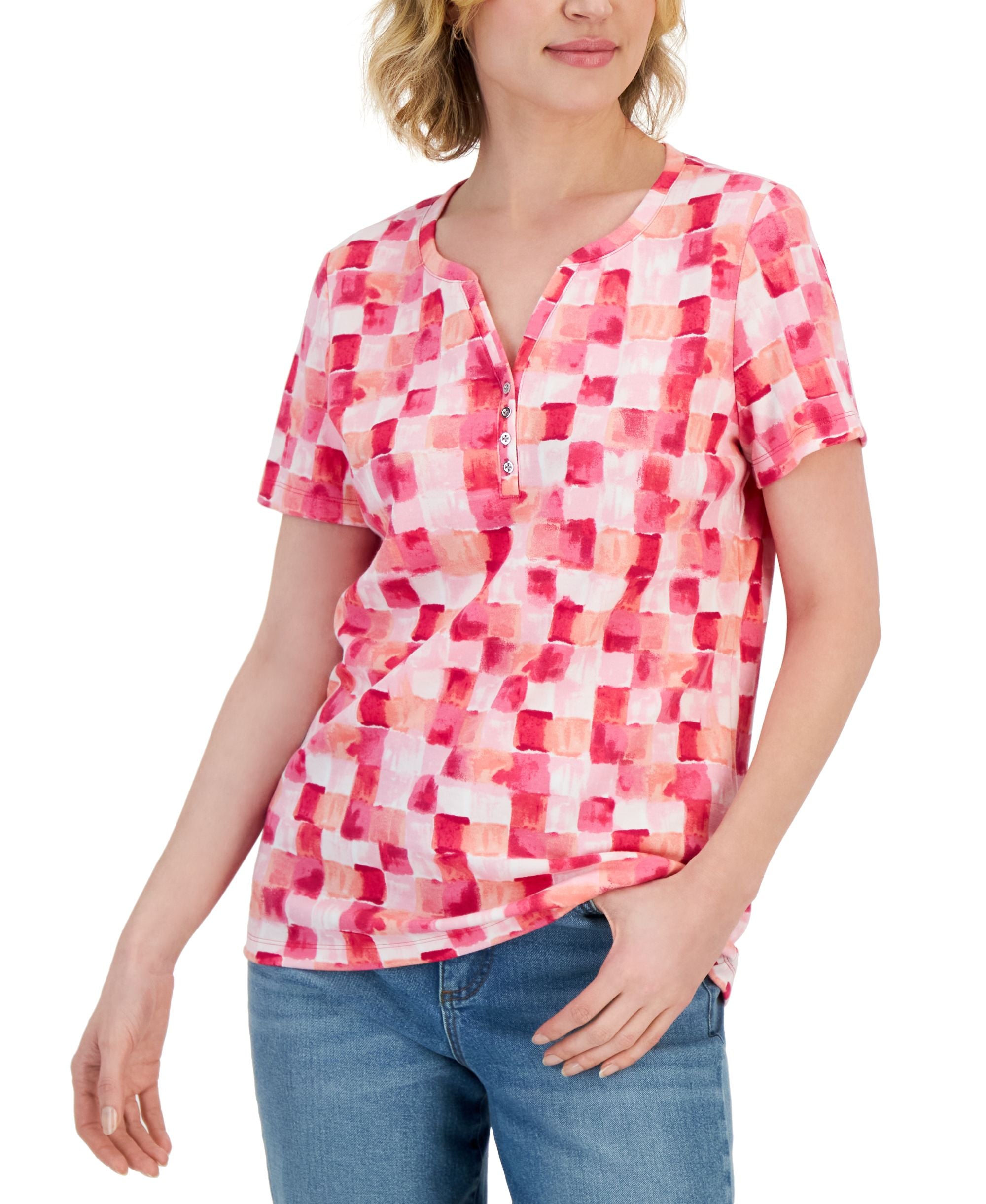 Petite Short-Sleeve Brush Tile Henley Top