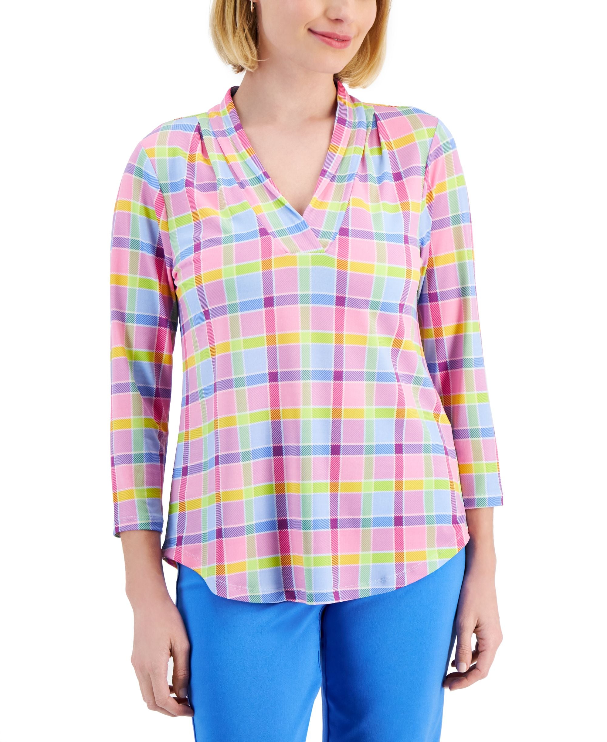 Petite Willow Plaid Knit V-Neck 3/4-Sleeve Top