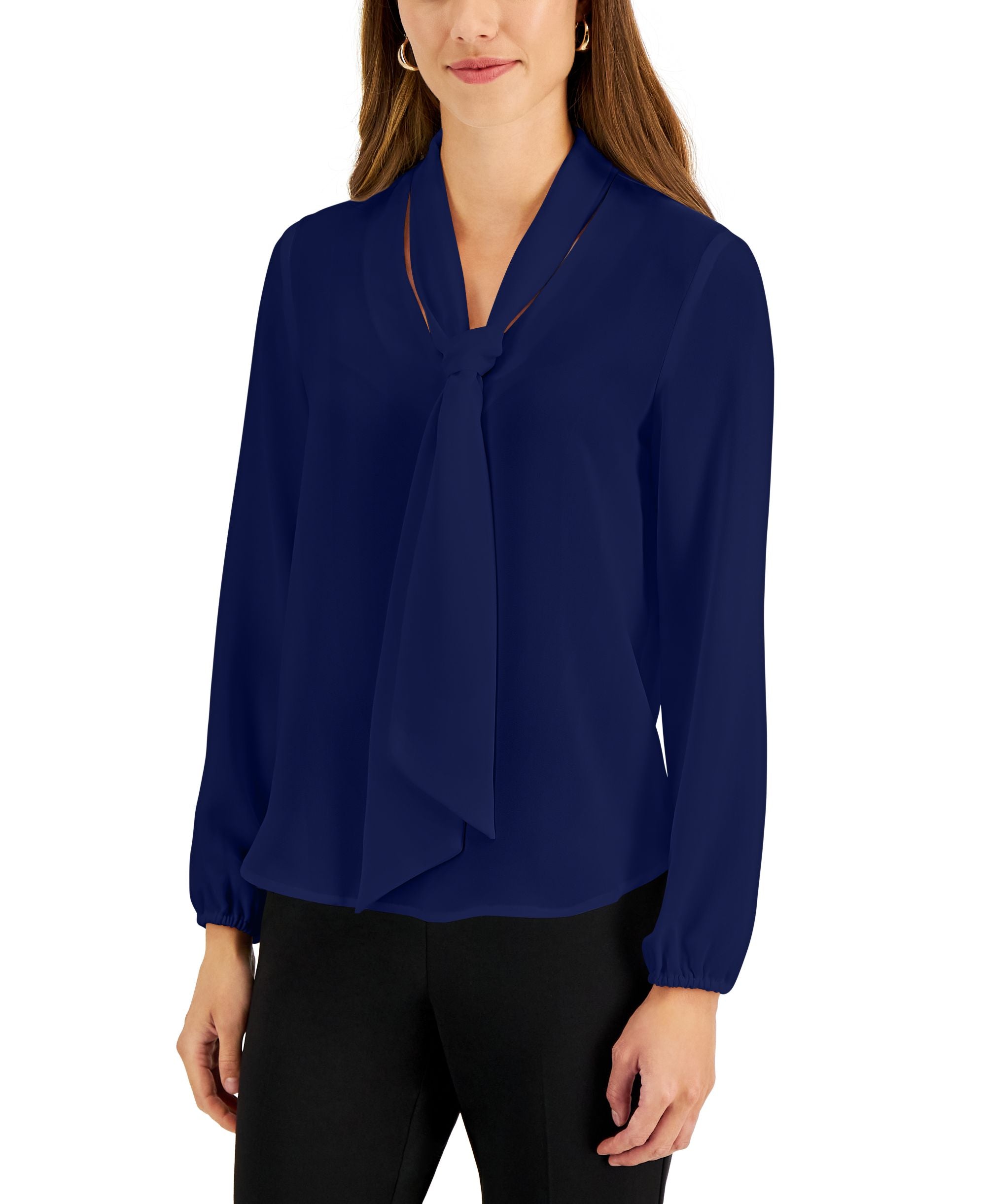 Women's Long Sleeve Bow Blouse, Regular and Petite Sizes